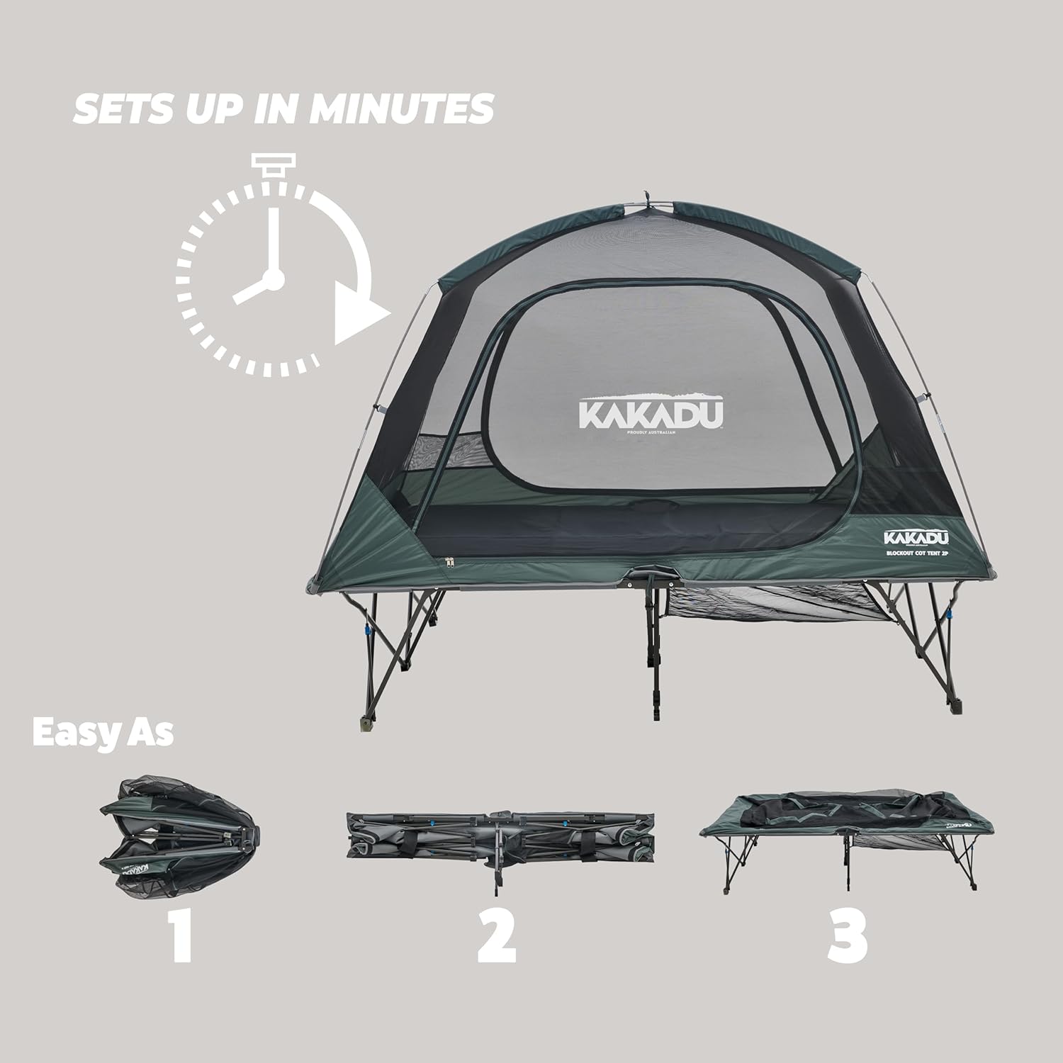Kakadu Camping Tent Cot, 2 Person, Quick Setup, Folding, Compact, Elevated Tent with BlockOut Rain Fly, Awning Poles, Ultra-Fine Mesh Windows, and Carry Bag