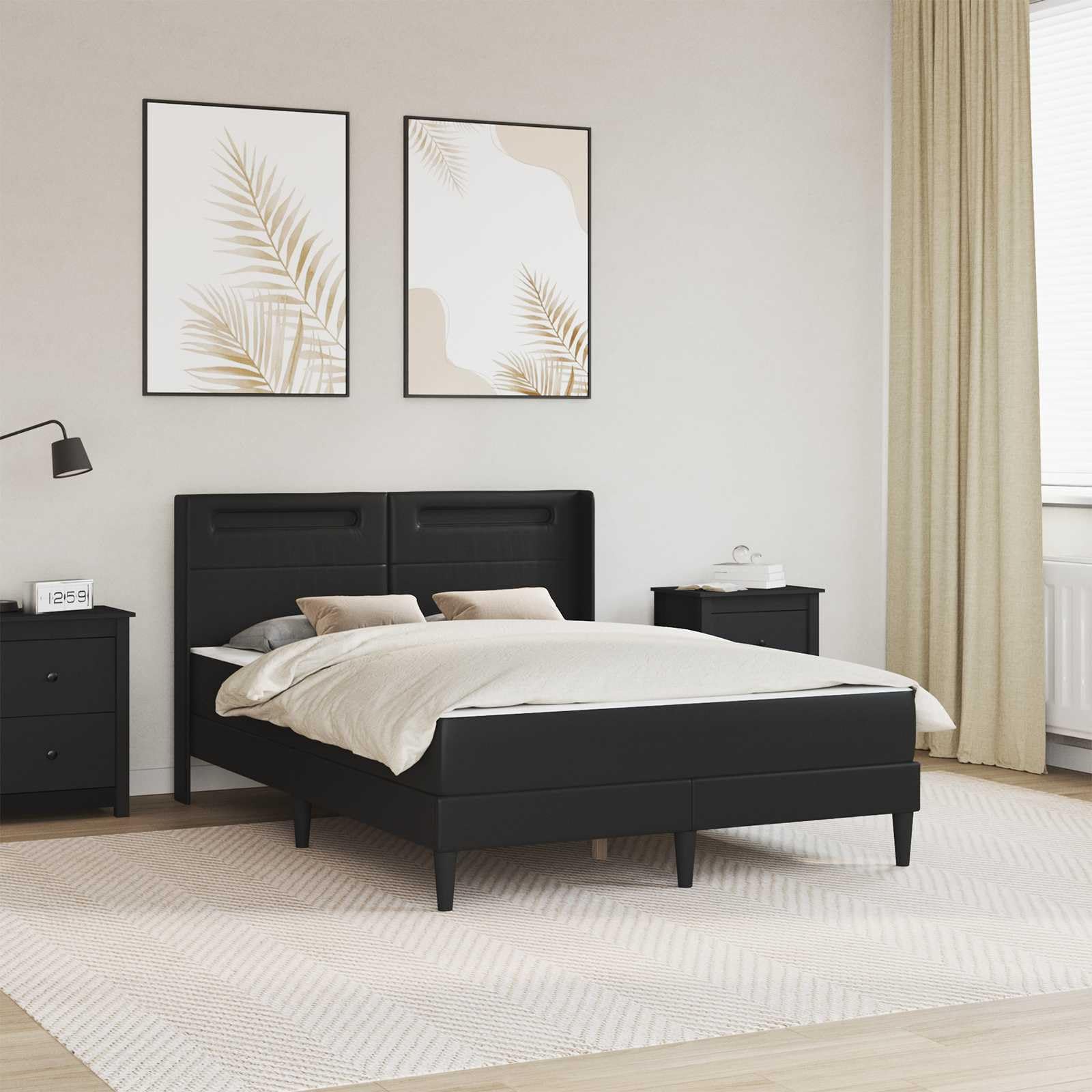 Rama łóżka z materacem, czarna, 160 x 200 cm, sztuczna skóra, stabilny mebel do spania z oświetleniem LED, złącze USB, ergonomiczny materac ze sprężynami kieszeniowymi, stelaż pod materac