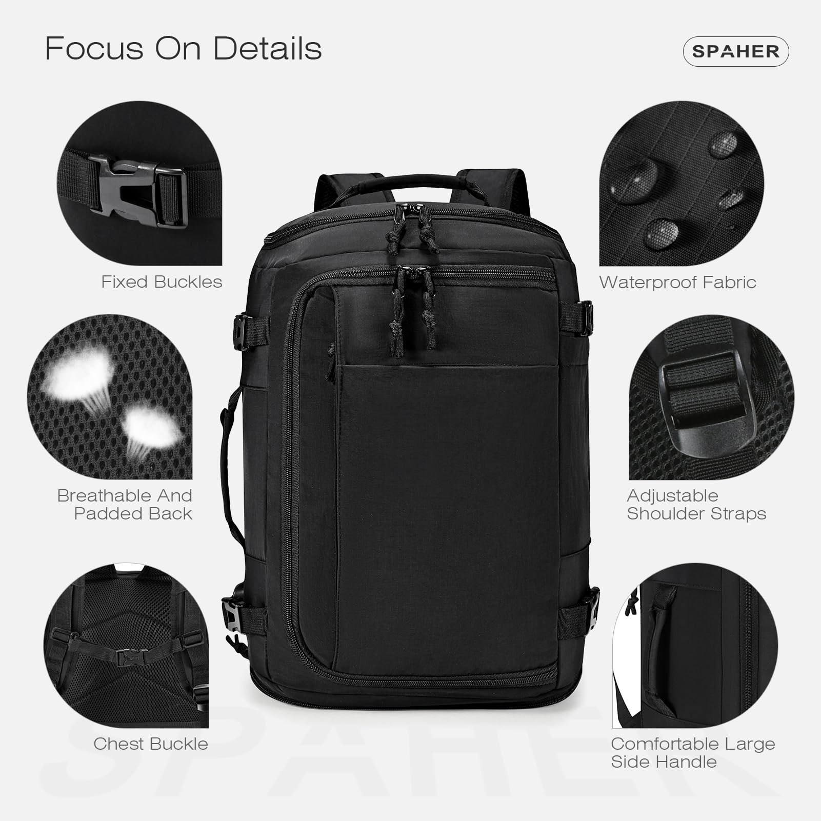 SPAHER Expandible Mochila Viaje Cabina Avión 40x30x15 British Airways 40x30x20 Ryanair Vueling Equipaje de Mano Mujer Hombres Mochila Portatil 15.6 Pulgadas con Puerto de Carga USB, Negro