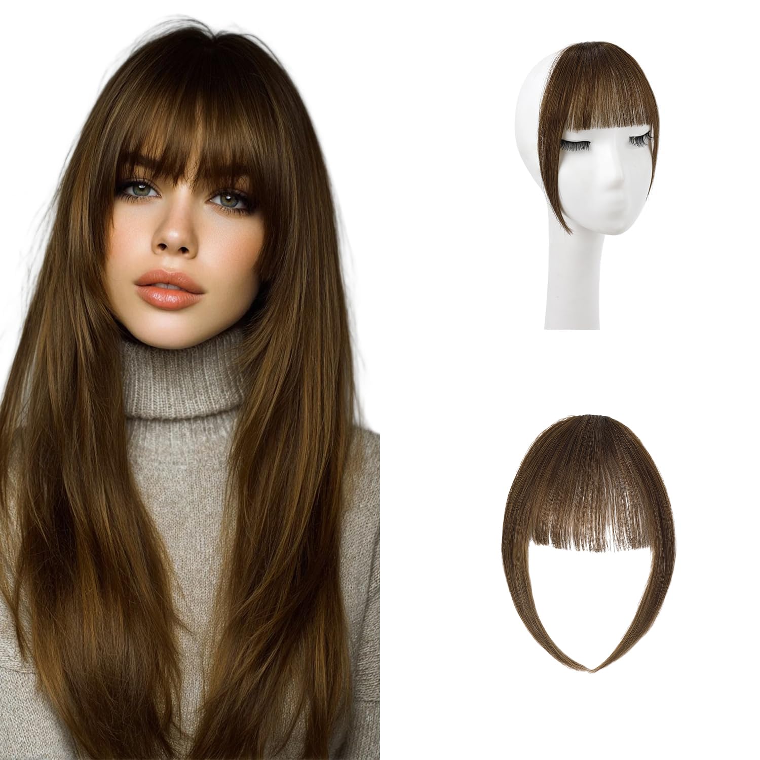 KISANOF Medium Brown Clip in Bangs