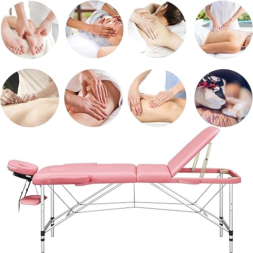 Miniatura 2 de Topeakmart Mesa de masaje portátil de aluminio, mesa de terapia de cama de spa, cama de salón ajustable de 84 pulgadas, 3 pliegues, rosa Rosado