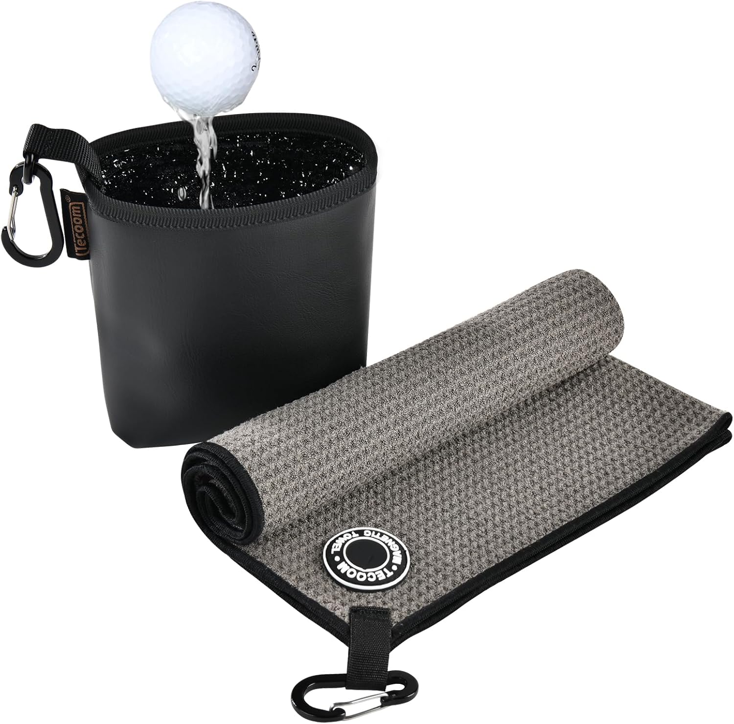 Tecoom Magnetic Golf Towel-Grey, Premium Ultra Absorbent Waffle Microfiber, Golf Club and Ball Cleaning Bag with Three-Layer Waterproof Fabric Technology