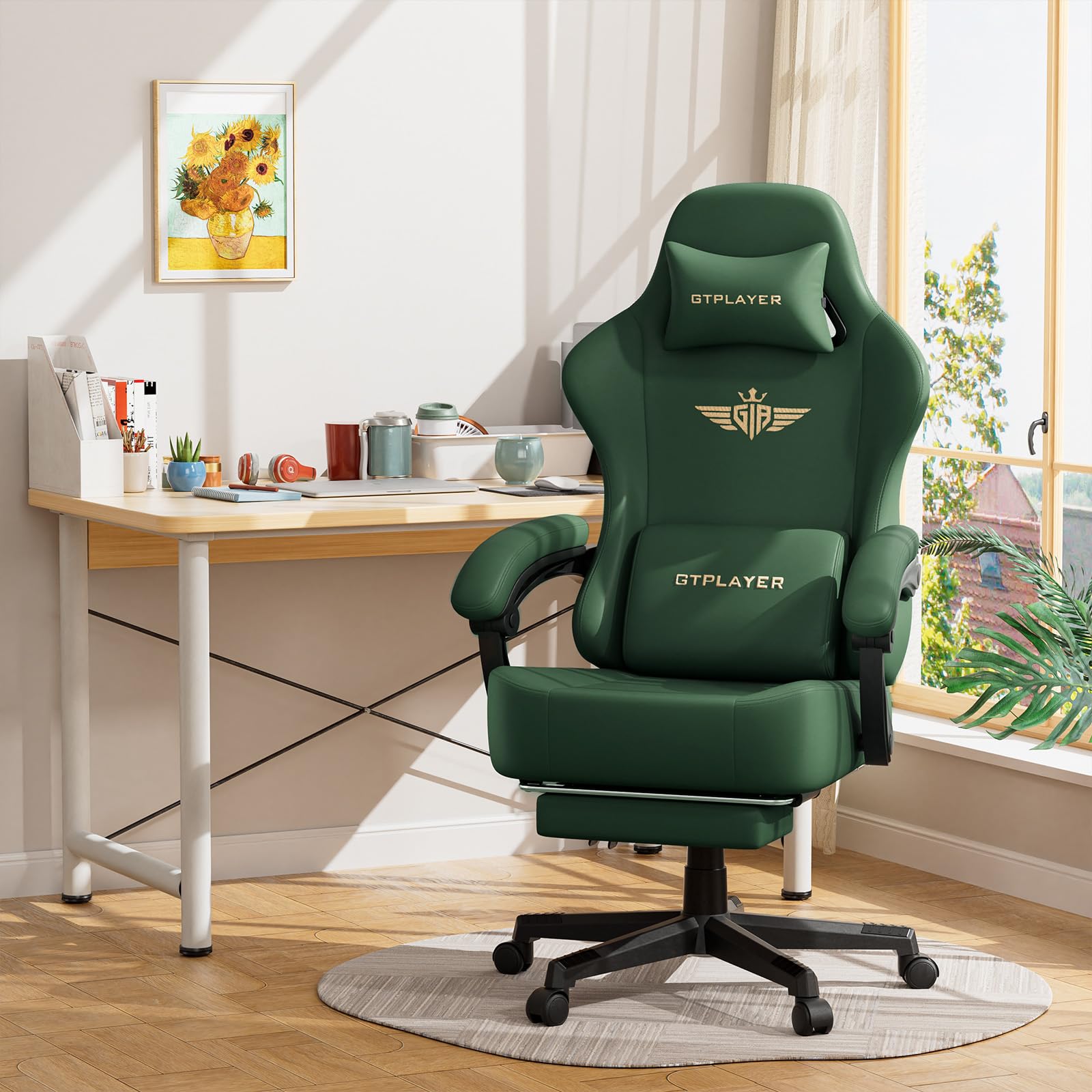 GTPLAYER Chaise de Gaming - Respirante - Ergonomique - Simili Cuir de qualité supérieure - Chaise Ergonomique en Polycarbonate - Dossier réglable à 160° et Repose-Pieds Extensible -Charge 180 kg -Vert