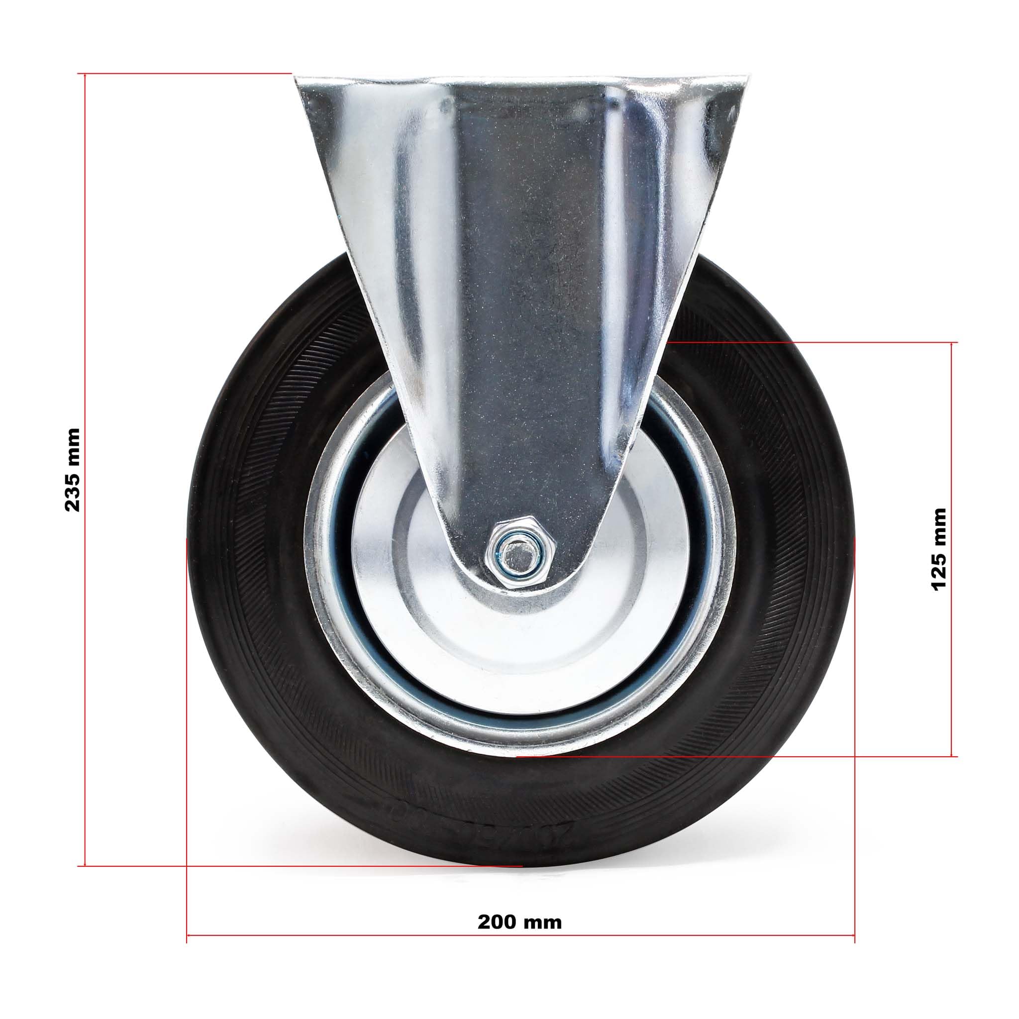 Wiltec Kit de 4 Roulettes fixes – Ø 200 mm – Capacité de charge 150 kg – Roue en caoutchouc avec Plaque de montage et Jante métallique – Dispositif de transport, usage sans traces