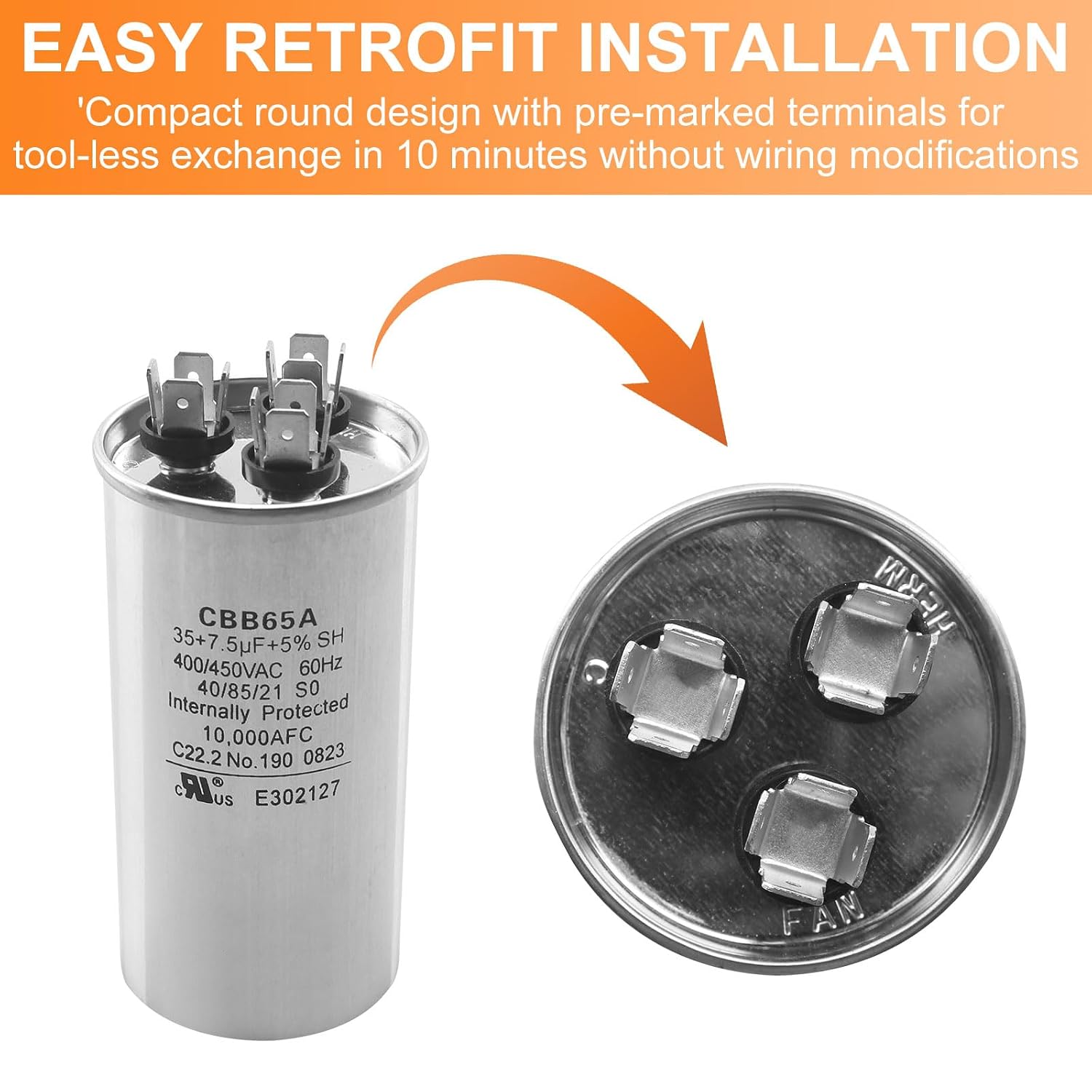 35 + 7.5 uF 35/7.5 MFD 370 VAC Dual Run Round Start Capacitor for AC Unit Fan Motor Start, Heat Pump, Condenser Straight Cool. Compatible with GE# C43575R / 97F9881