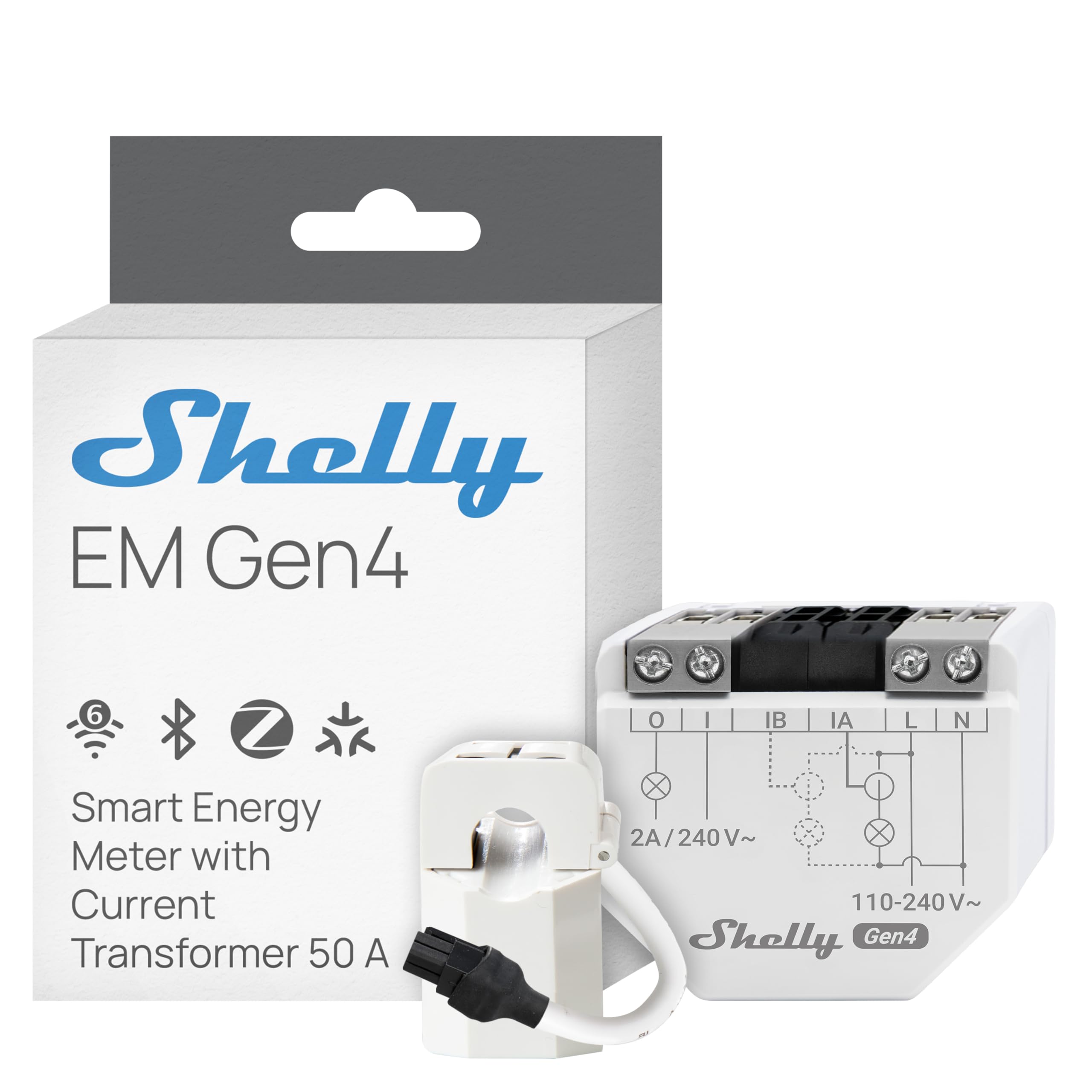 Shelly EM Gen4 - WLAN Smart Energiemonitor, Echtzeit-Stromverbrauchsmessung, 2-Kanal Einphasig, 50A Stromwandler inklusive, Schützsteuerung, Matter-kompatibel, Kein Hub erforderlich