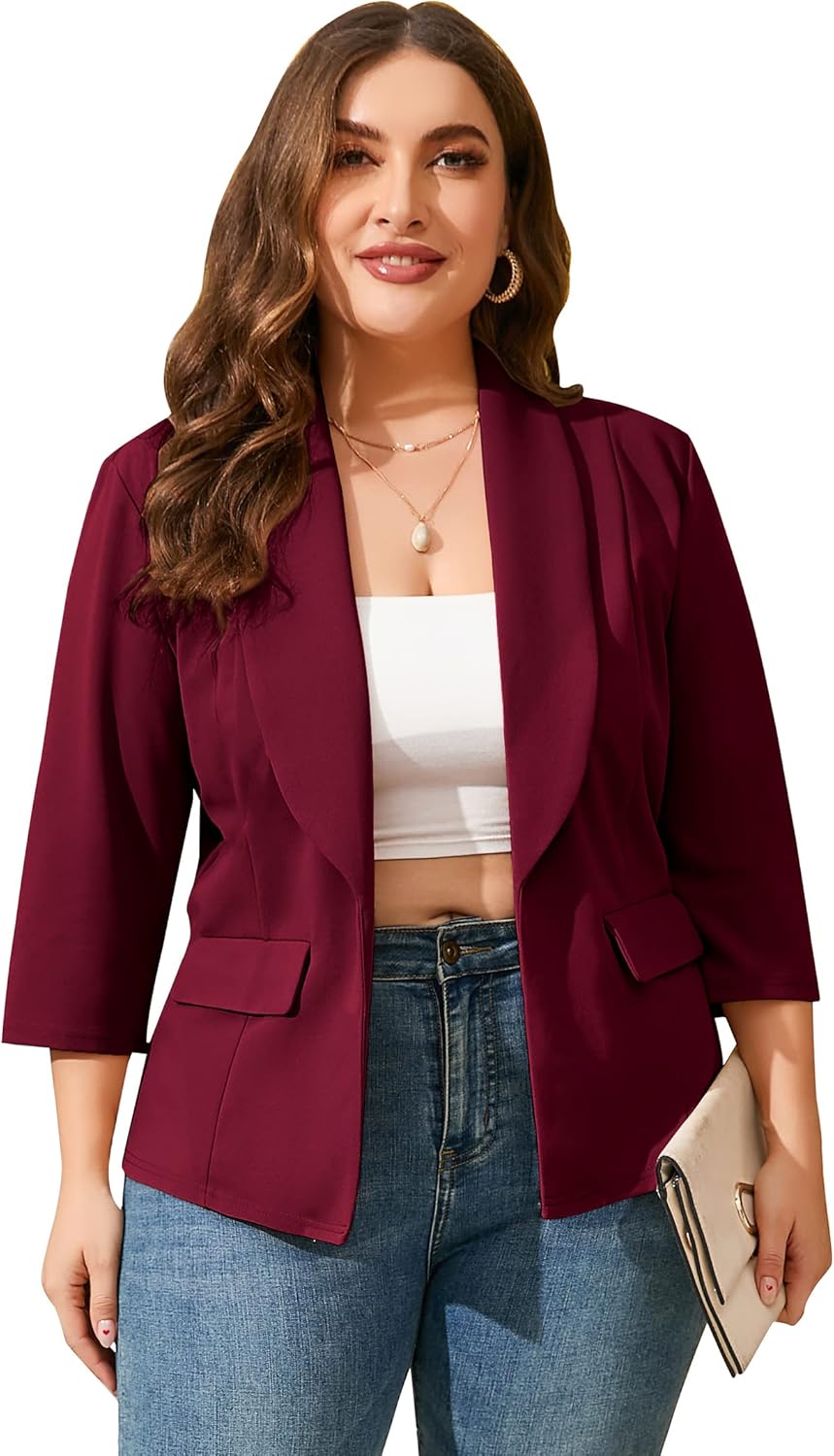 ShopWonder Womens Plus Size Casual Pocketed Blazer Office Open Front 3/4 Sleeve Cardigans Jacket Work Suit