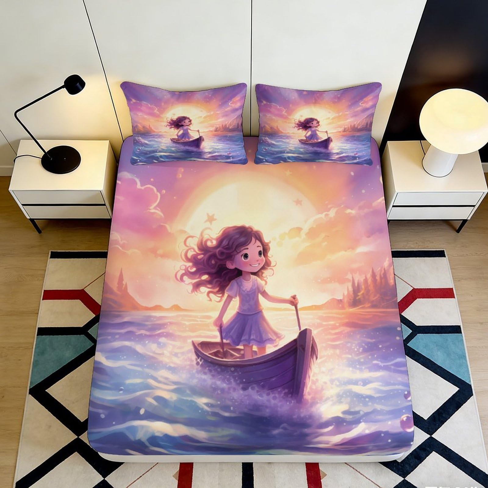 Jqzkxnhpbr Girls Style-9 3D Printed Sunset Ocean Fitted Sheet Microfiber Soft Purple Boat Bed Cover For Bedroom Dorm Mattress Decor 90X200x25cm
