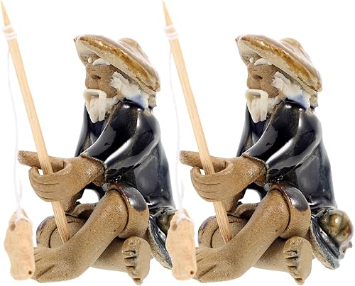 Yardwe 2 mini figuras de pescador, figura miniatura de bonsái de pescador de cerámica, adorno de estatua de jardín de pesca sentado para decoración