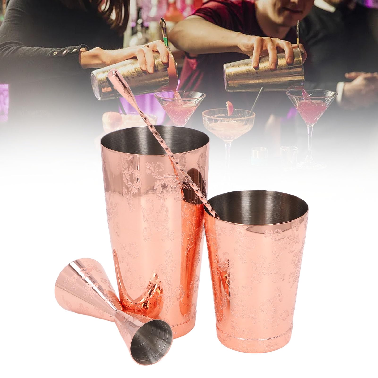 Tissting Set de Shaker à Cocktail de Boston, Shaker à Cocktail en Acier Inoxydable 304 avec Imprimé Vintage, Capacité Moyenne, Set Multifonctionnel Strainer pour Préparation de Boi (Tapez 4)