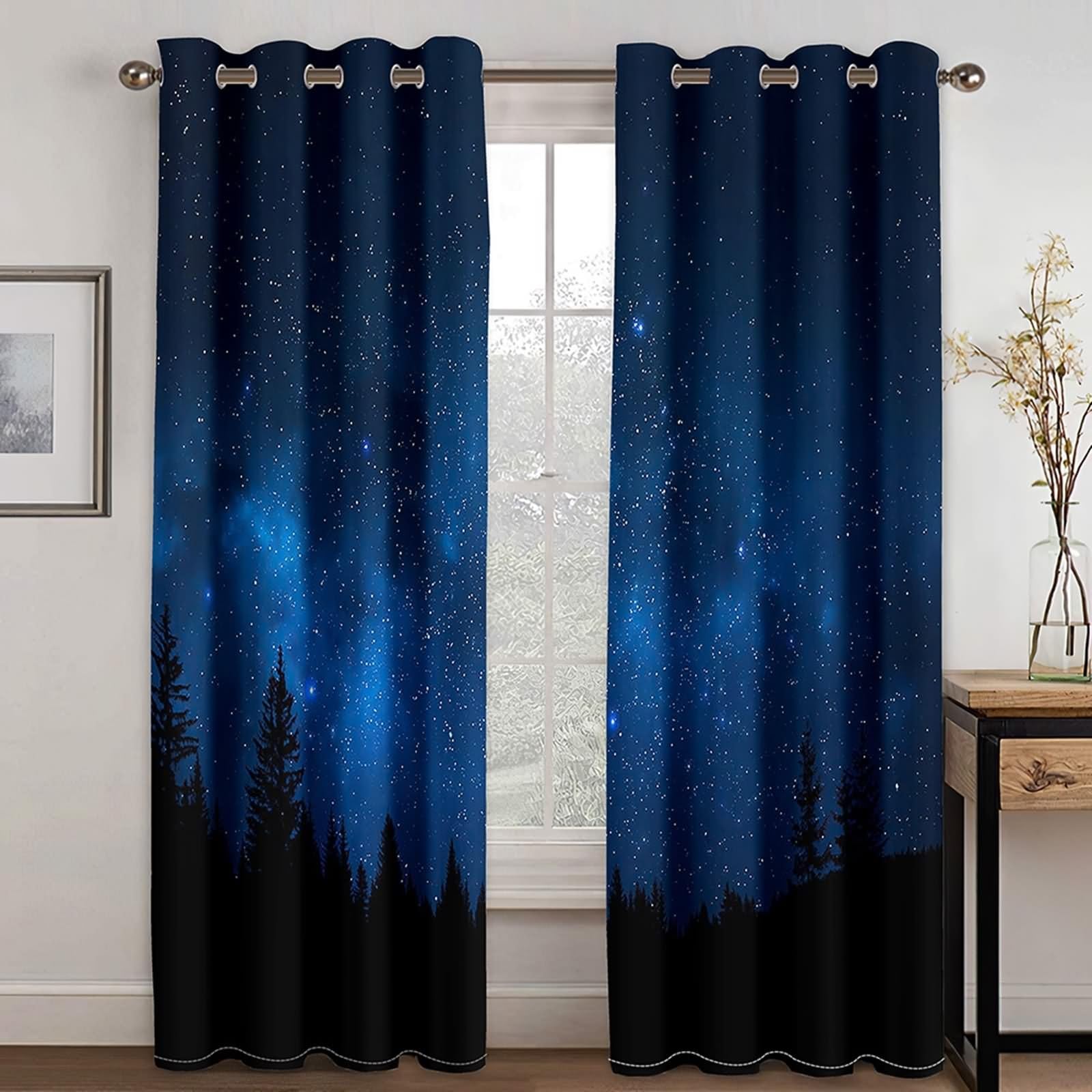 Zasłona okienna, elegancka zasłona do salonu granatowa czarna gwiaździste niebo i krajobraz lasu poliester 2 panele 214 x 183 cm