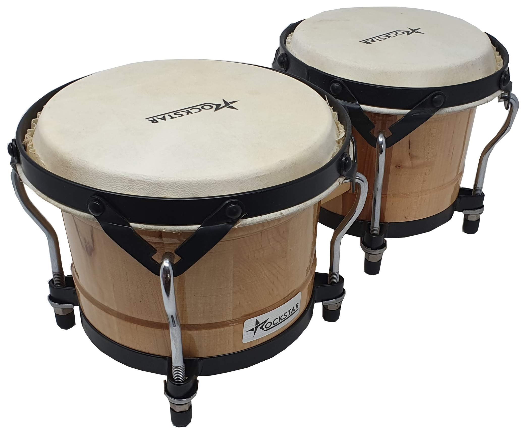Rockstar - Bongos de Madera y Metal Color Natural BO650NT 7" y 8,5" Afinables Parche Piel Bufalo - Rockmusic