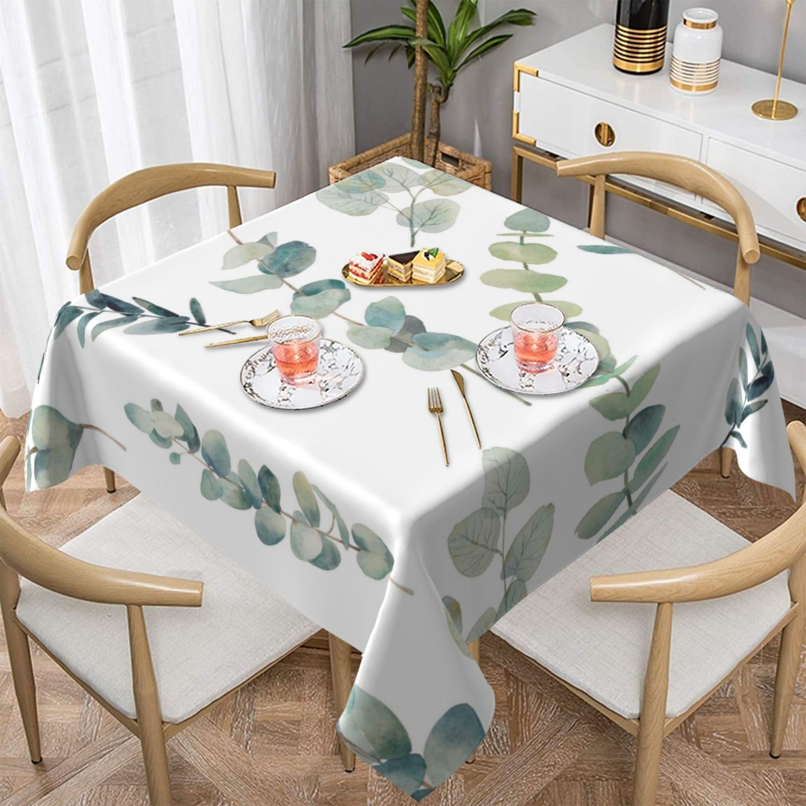 DCEHGEW Eucalyptus Leaves Prints Square Tablecloth 152x152 CM, Waterproof Fabric Table Cloth for Dining Table, Farmhouse Table Cover for Kitchen Dining Tabletop Decoration
