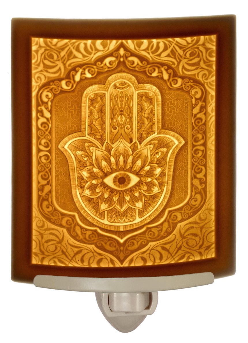 The Porcelain Garden Hamsa - Curved Fine Porcelain Lithophane Night Light, Decorative Wall Plug in Nursery, Bedroom Kitchen, Bath, Hallway Evil Eye, Eye of Fatima, Religious Themed Accent Light