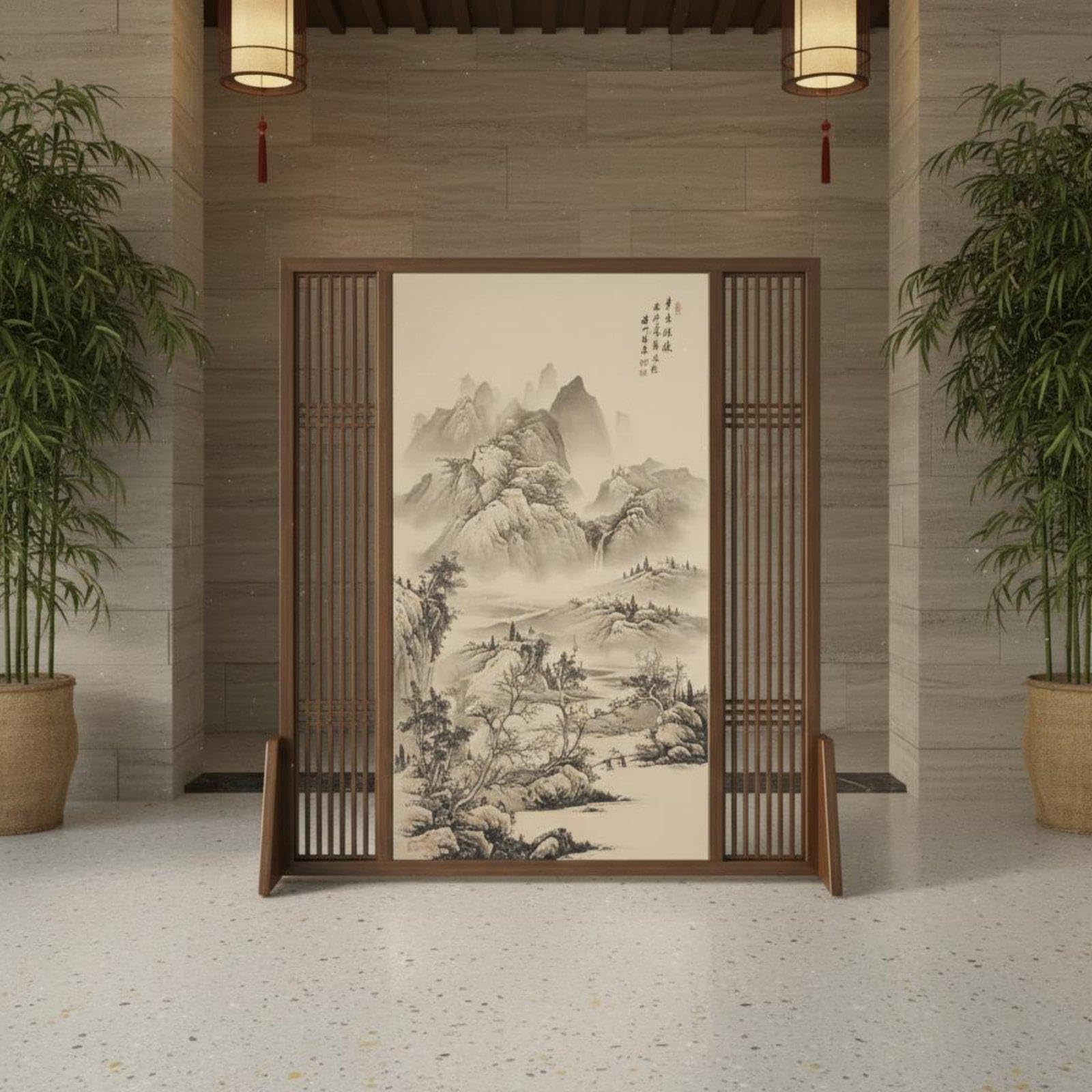 Chinese Design Screen Solid Wood Construction Wooden Frame Partition Hollow-Out Design Meditative Landscape Art Screen for Renters, Restaurant, Hotel 160 * 180cm Null Pine-image-31
