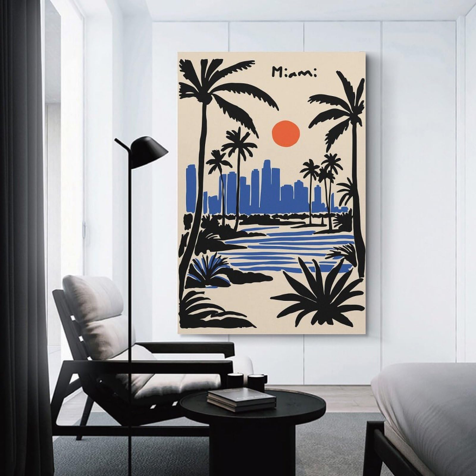 Junmoney Miami Cityscape with Palm Trees Decorative Canvas Print 20x30inch(50x75cm), for Gallery Wall Layouts in Home Or Office, Home Wall Art for Statement Displays