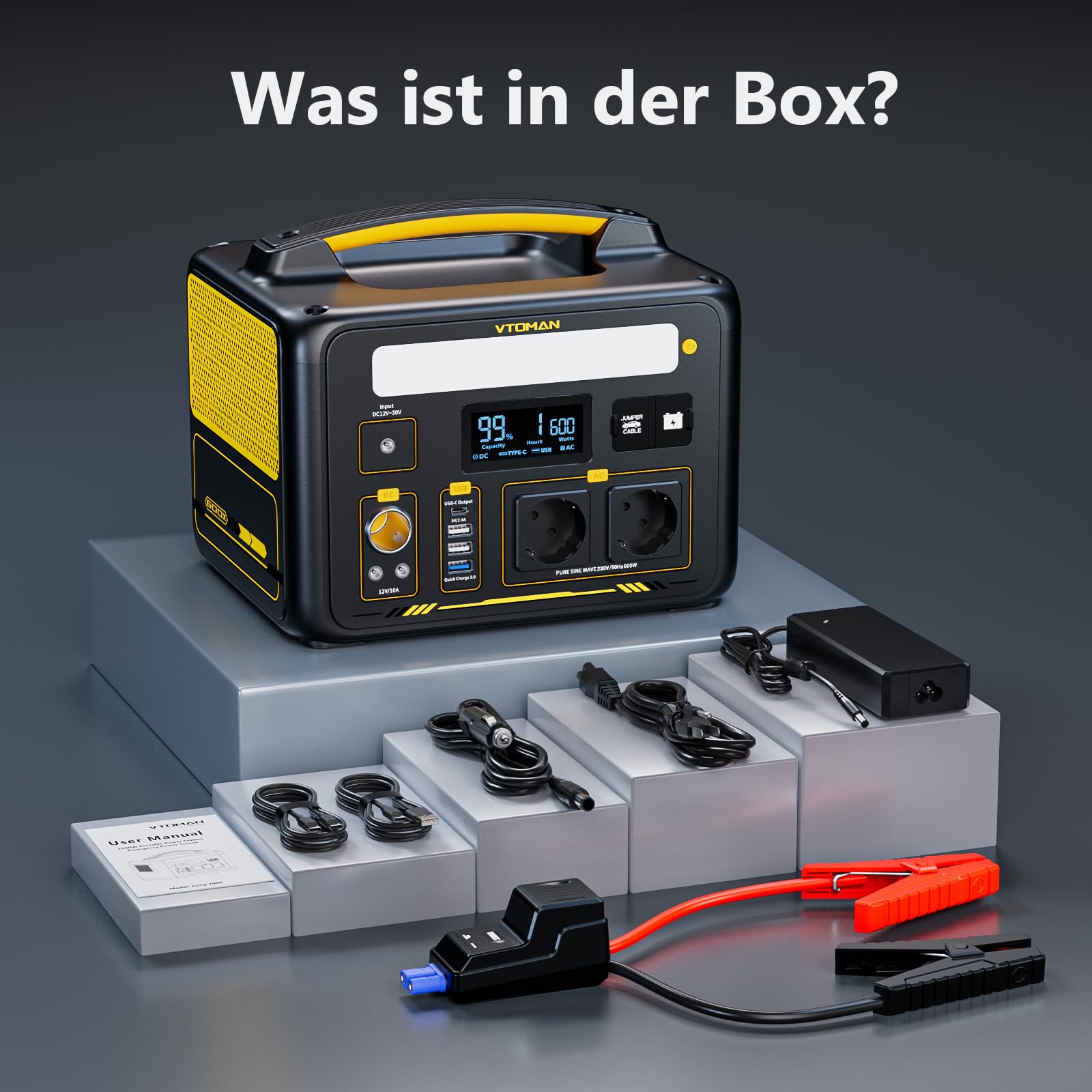 VTOMAN Jump 600X Tragbare Powerstation 600W mit Überbrückungskabel | 299Wh Solar Generator LiFePO4 Akku Stromgenerator Mobile Stromspeicher, Erweiterbare Kapazität für Camping Notfall