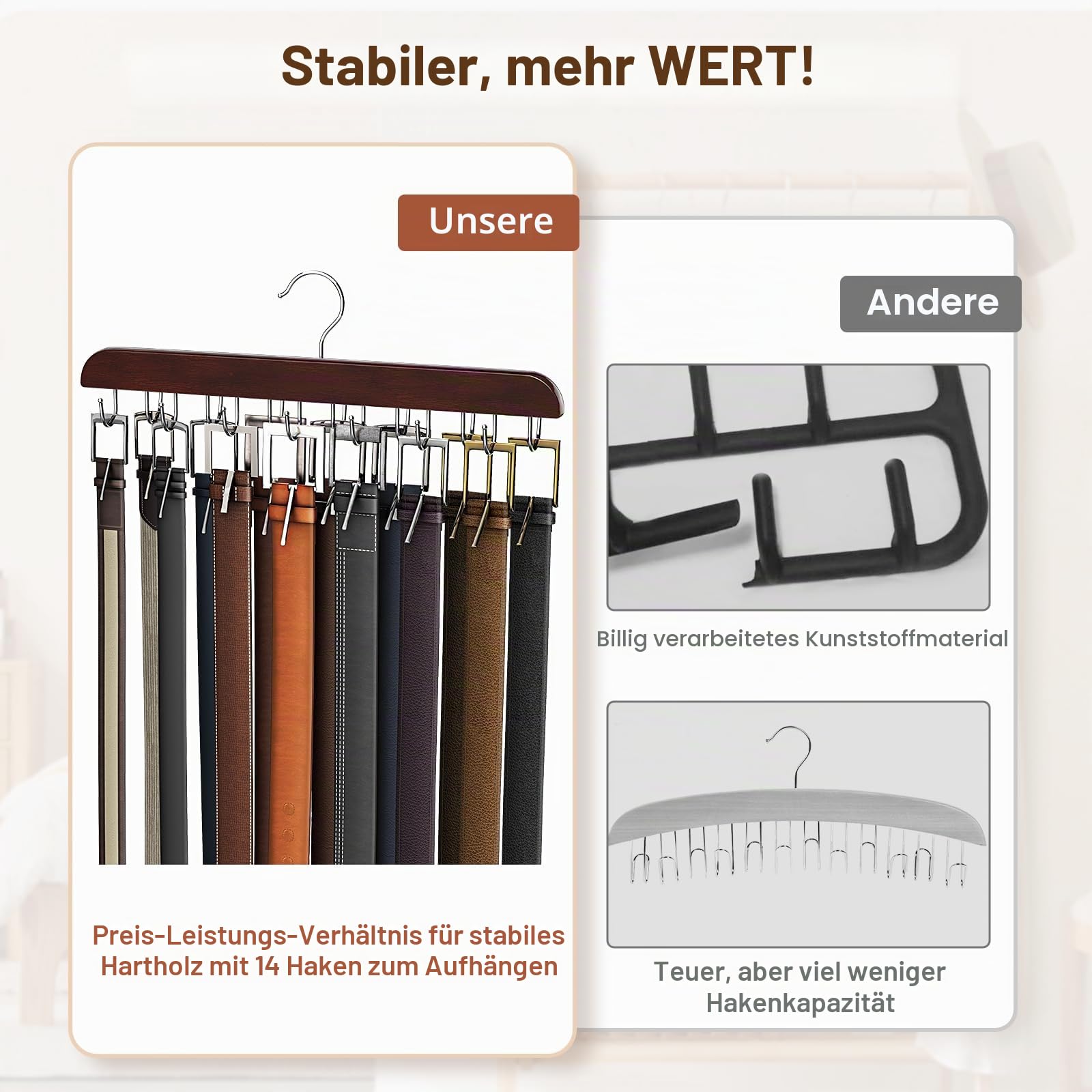 Gürtelhalter für Kleiderschrank, Platz für bis zu 42 Gürtel, Gürtel-Organizer mit 14 Haken, Gürtelhalter aus stabilem Holz für Kleiderschrank-Organizer und Aufbewahrung, Mahagoni, 2er-Pack
