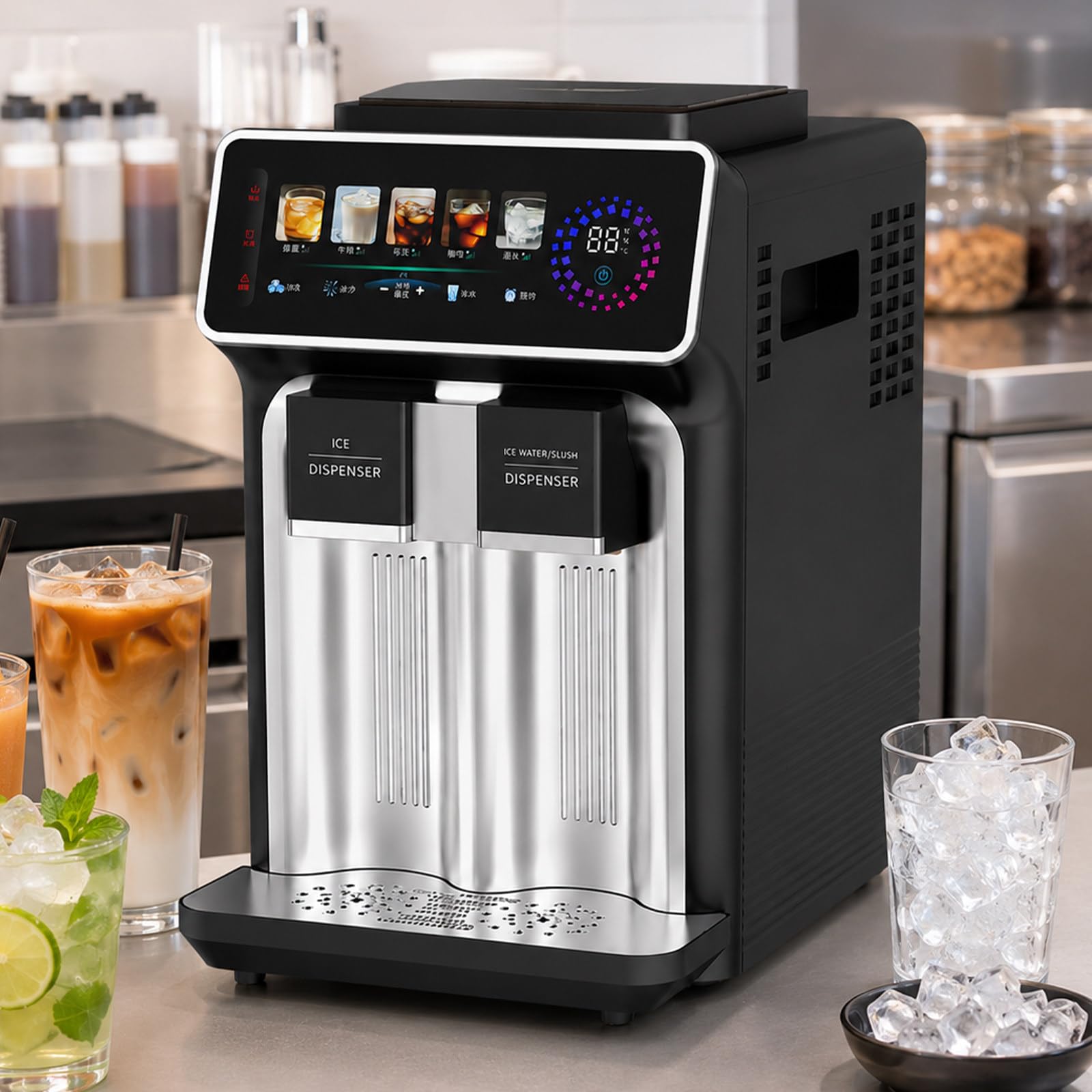 pealiritansemen Fast Ice Maker Machine, Countertop Ice Cube Maker with 12 Rounded Hollow Cubes per Batch, 1kg Ice Storage, Cold Water Dispenser and Touch Panel for Drinks, Coffee and Cocktails