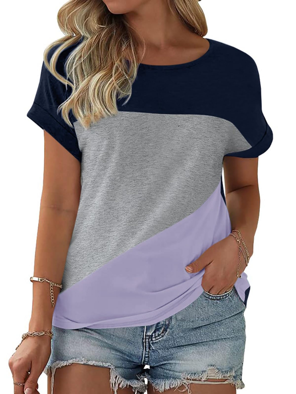 Fisoew Damen T-Shirt Rundhals Farbblock Kurzarm Shirt Casual Oberteil Sommer Locker Baumwolle Tee Tops