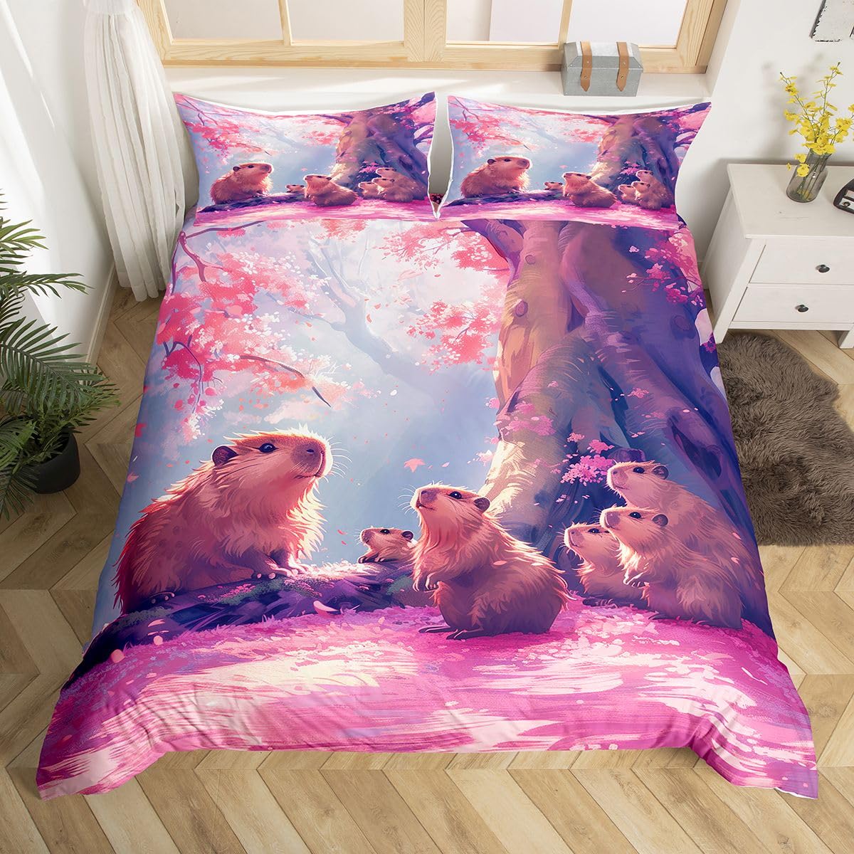 Housse de couette capybara 240x260 pour une chambre de fille fleurie et kawaii