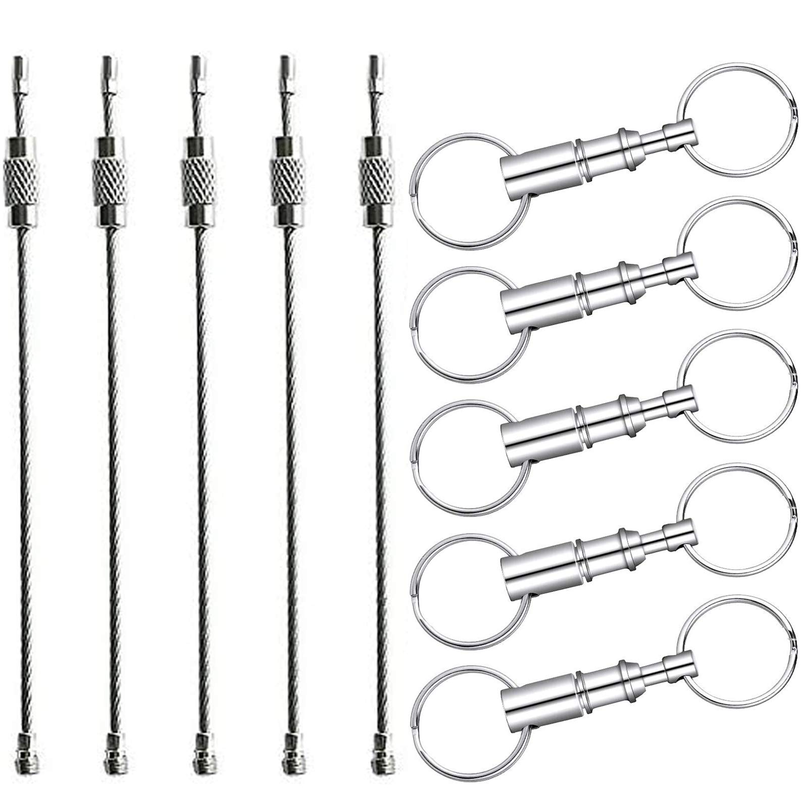 IHUIXINHE 25 Pack Wire Keychain Cable and 5 Pack Pull-Apart Silver Key Ring, 5.9 inch Stainless Steel Key Ring Loop, 3.14 inch Easy Detach Double Spring Split Snap Separate Chain, for Outdoor Hiking