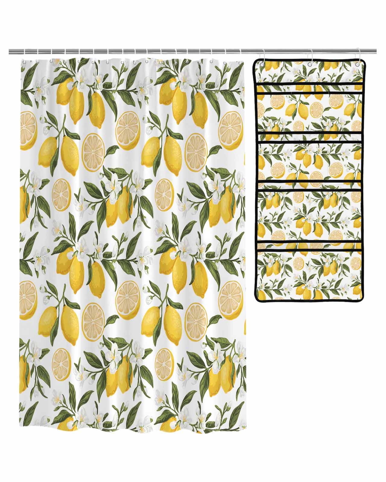 ZFUNCING Shower Curtain Mesh Shower Organizer Set Watercolor Lemon Floral Leaf Waterproof Bath Curtains Hanging Shower Caddy Bathroom