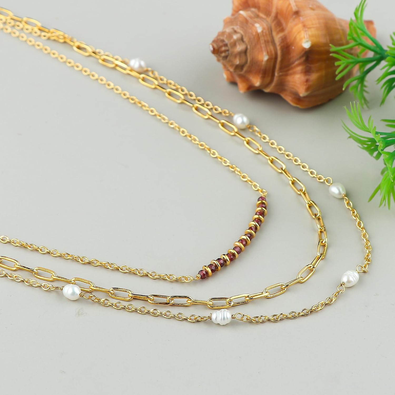 Beads With Pearl 3 Layered Necklaces for Women 14k Gold Plated Dainty Stackable Choker Necklaces for Women Trendy Layering, Cuban Link, Paperclip Chain, For Women Gifts