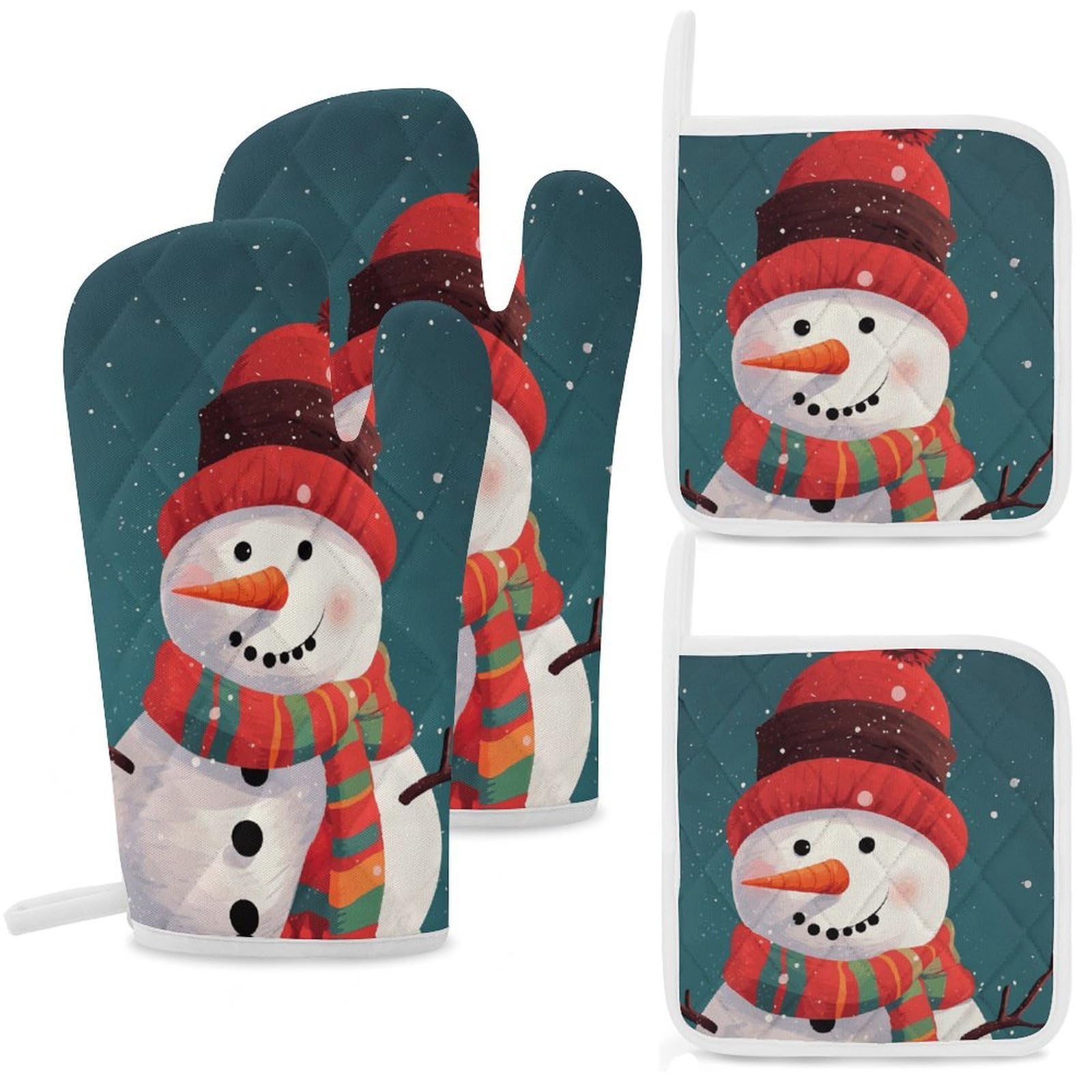 Xmas Snowman Oven Mitts and Pot Holders Sets Heat Resistant Oven Glove with Hanging Loop for Baking Cooking BBQ Thicken Potholders for Kitchen