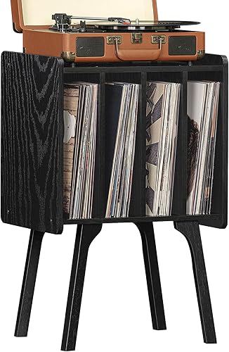 LELELINKY Soporte para tocadiscos, soporte de almacenamiento de vinilo negro con 4 gabinetes de hasta 100 álbumes, mesa de discos con patas de madera