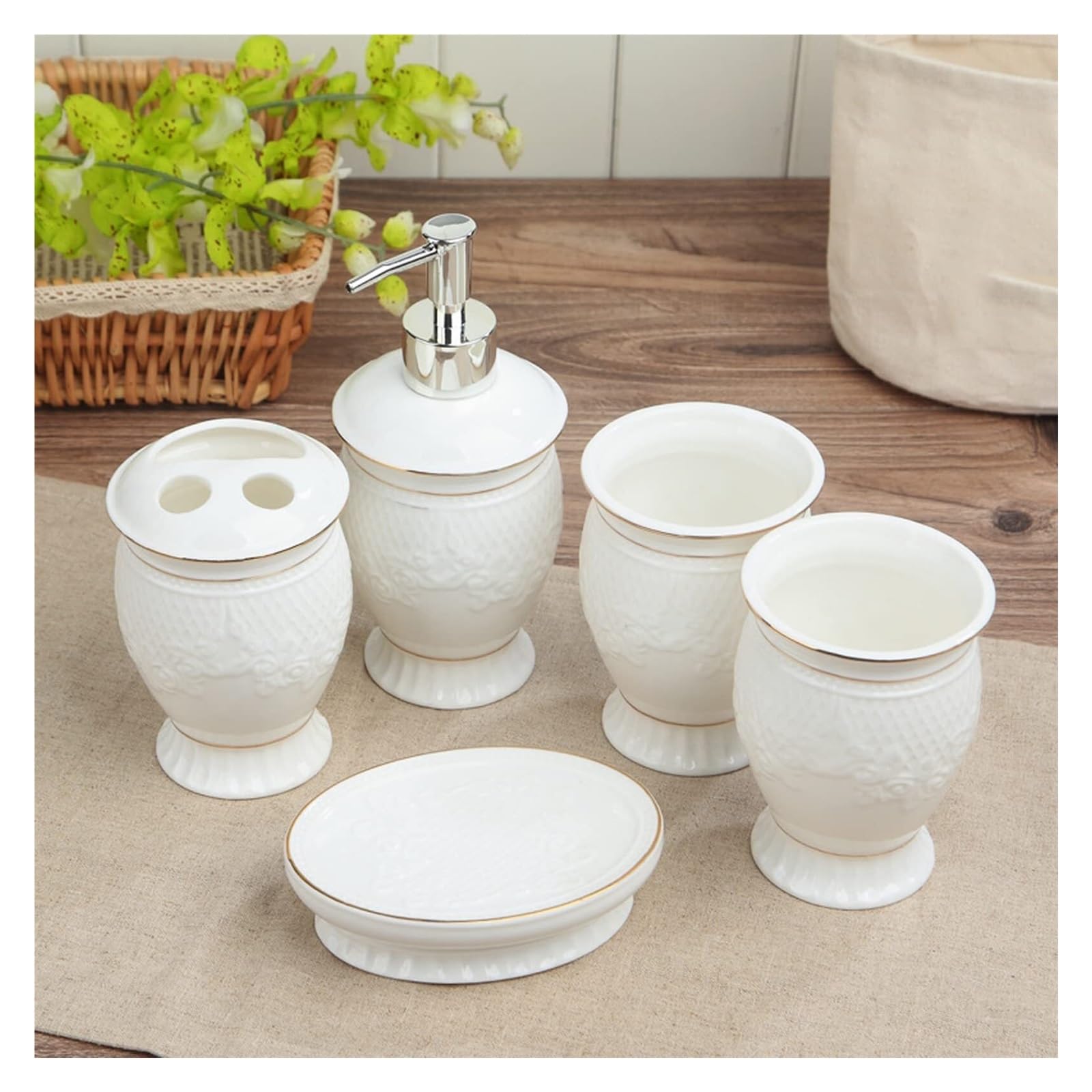 Set di accessori per il bagno 5 pezzi in ceramica includono dispenser for lozione, porta spazzolino da denti e 2 bicchieri sapone Arredamento per gli affittuari