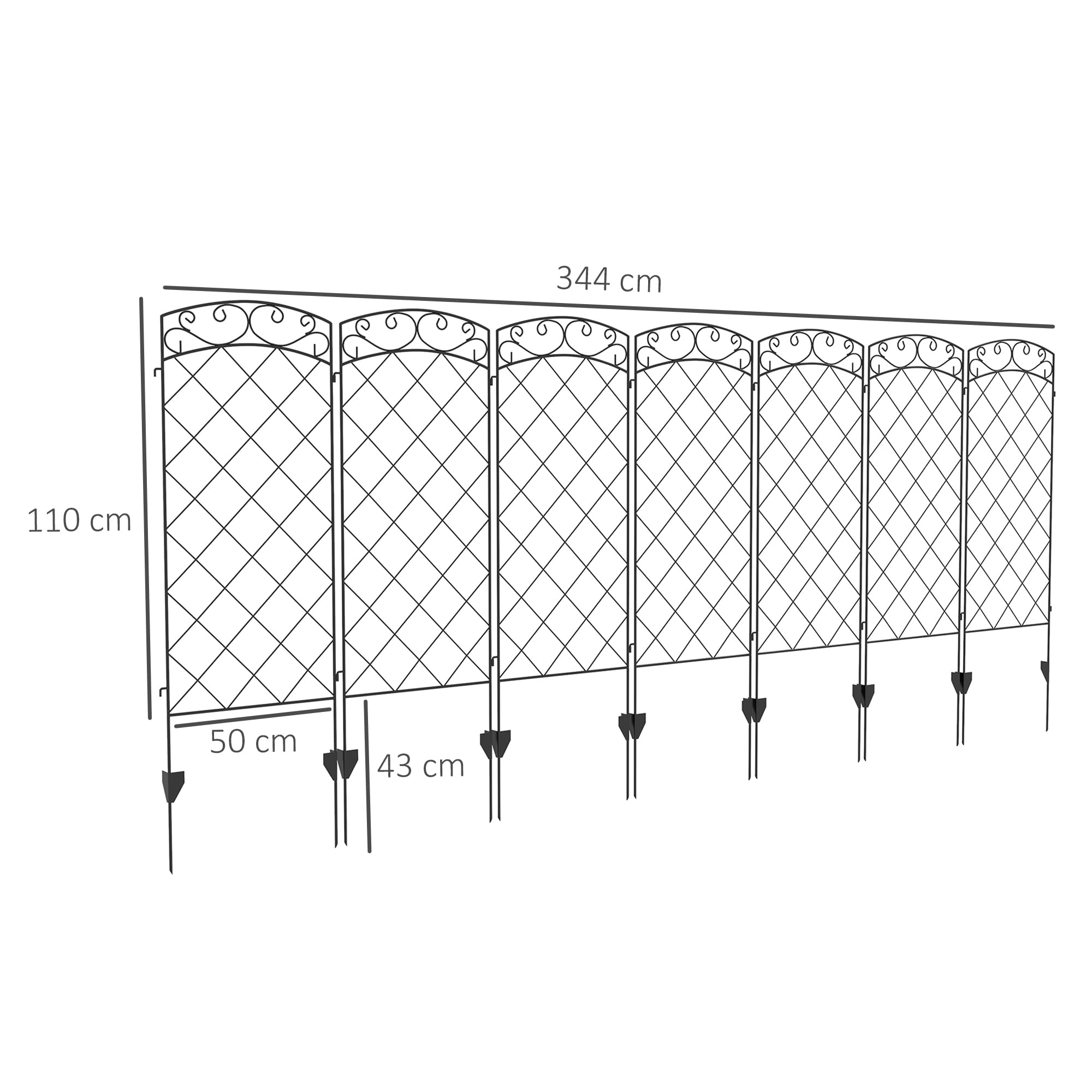 Outsunny Lot de 7 Clôtures de Jardin Décoratives Métal 344L x 110H cm Noir | avec Ornements, Clôture Jardin Extérieur