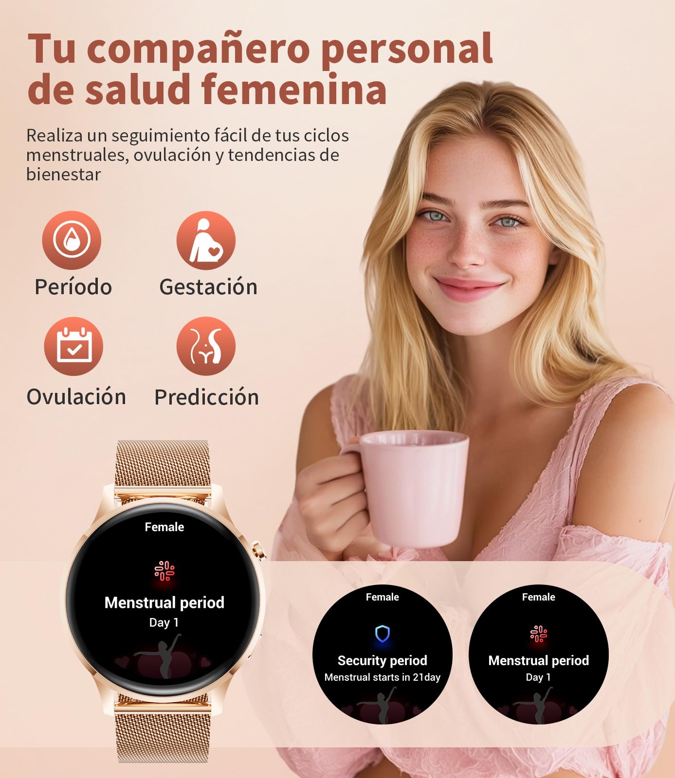 Reloj Inteligente Mujer, 1.32" AMOLED Smart Watch con Llamadas Bluetooth, 120+ Deportes Smartwatch Mujer con 2 Correas, IP68 Waterproof, Sueño, Actividad Calorías Podómetro Android iOS (Dorado)