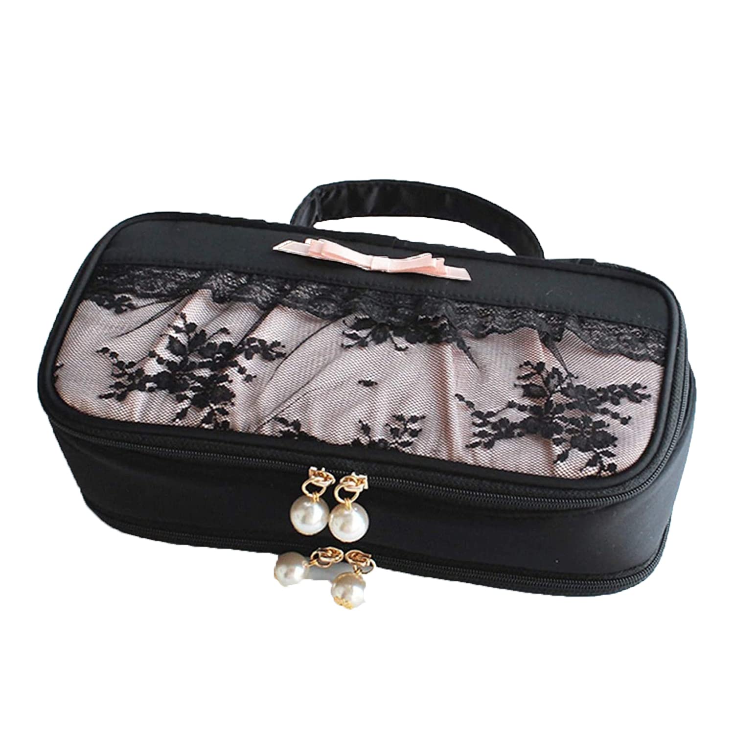 CLQ Reise-Schmuckbox-Organizer-Tasche Mit Strapazierfähigem Griff 2 In 1 Make-up-Box Für Frauen Mädchen Schmuckrolle Reiseetui Große Kosmetik-Aufbewahrungstasche Schwarz