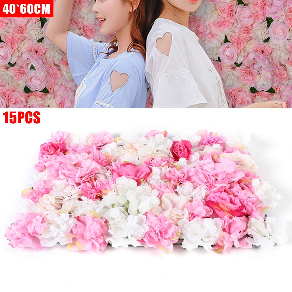 15 Stück Künstliche Blumenwand 60x40cm Rosenwand Seidenblumen Garten Balkon Straße Hochzeit Hintergrund Dekoration Kunstblumen DIY Hochzeit Straße Hintergrund Künstlicheblumenwand Rosa
