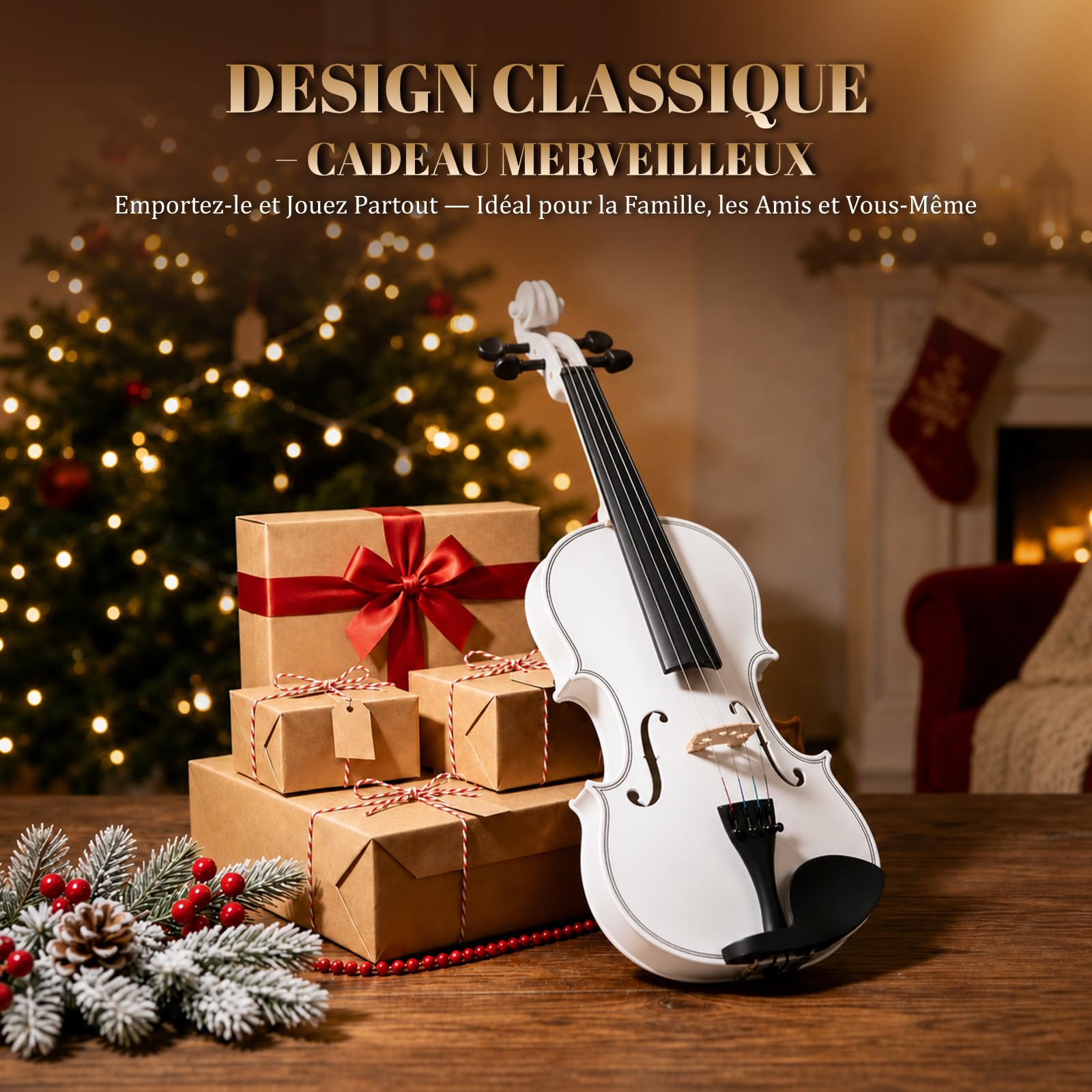 Bonnlo Violino per Bambini e Principianti, Misure 1/4, 1/2, 3/4 e 4/4, Violino in Legno Compensato di Tiglio con Acro in Legno Rosso, Astuccio, Colofonia e Mentoniera, 4/4, Bianco