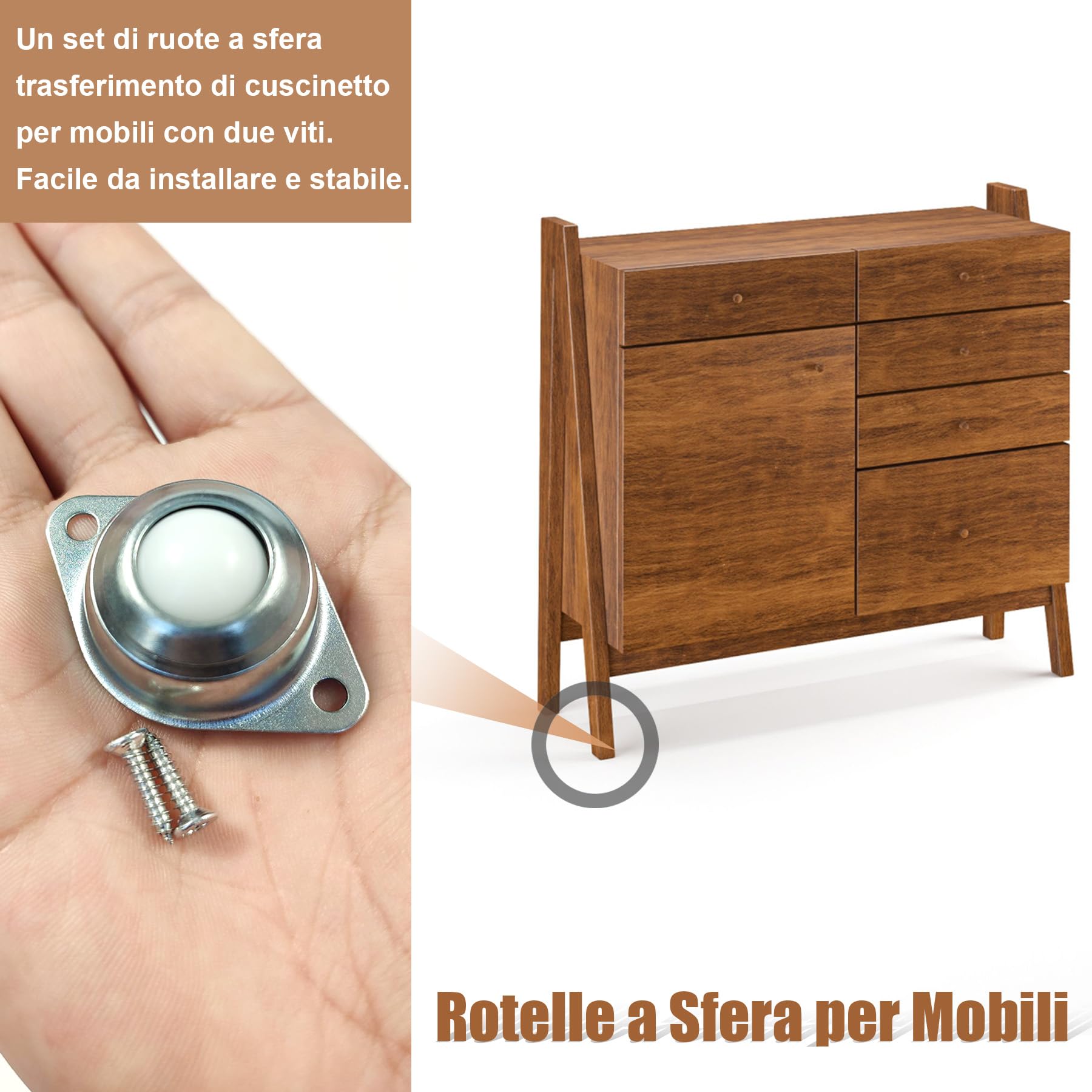 6 Pezzi Rotelle a Sfera per Mobili, Ruote di Trasferimento a 360 Gradi in Nylon, Rulli di Trasporto Silenziosi per Divani, Scaffali e Contenitori, con 12 Viti Inlcuse, Argento