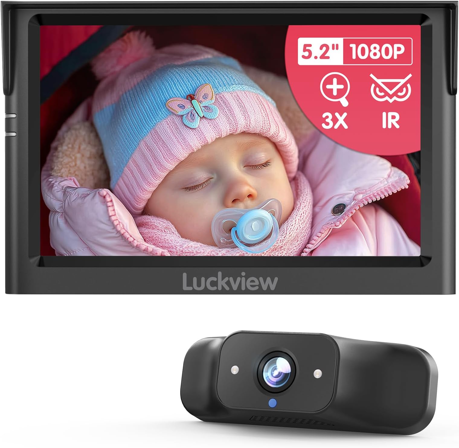 LUCKVIEW BM1 Baby Car Camera for Back Seat & Pet Monitoring, 5'' 1080P Monitor with IR Night Vision, 3X Zoom, Crystal Clear View, Easy 5-Min Wired Installation for Peace of Mind