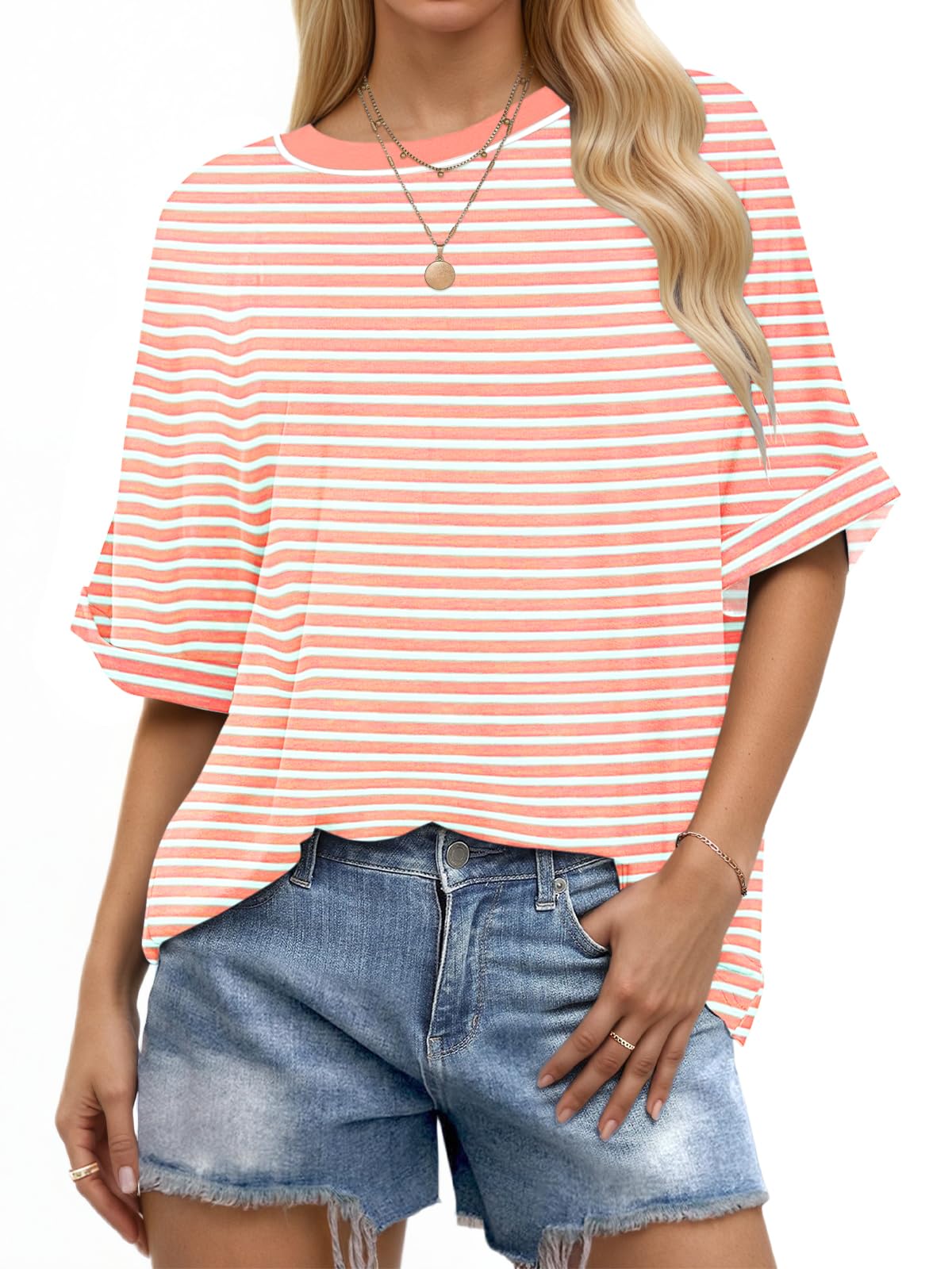 WNEEDU Oversize Shirt Damen Kurzarm Rundhals Oberteile Damen Sommer Basic T-Shirt Locker Lässige Top Oversize Bluse mit Gekrempelten Ärmeln