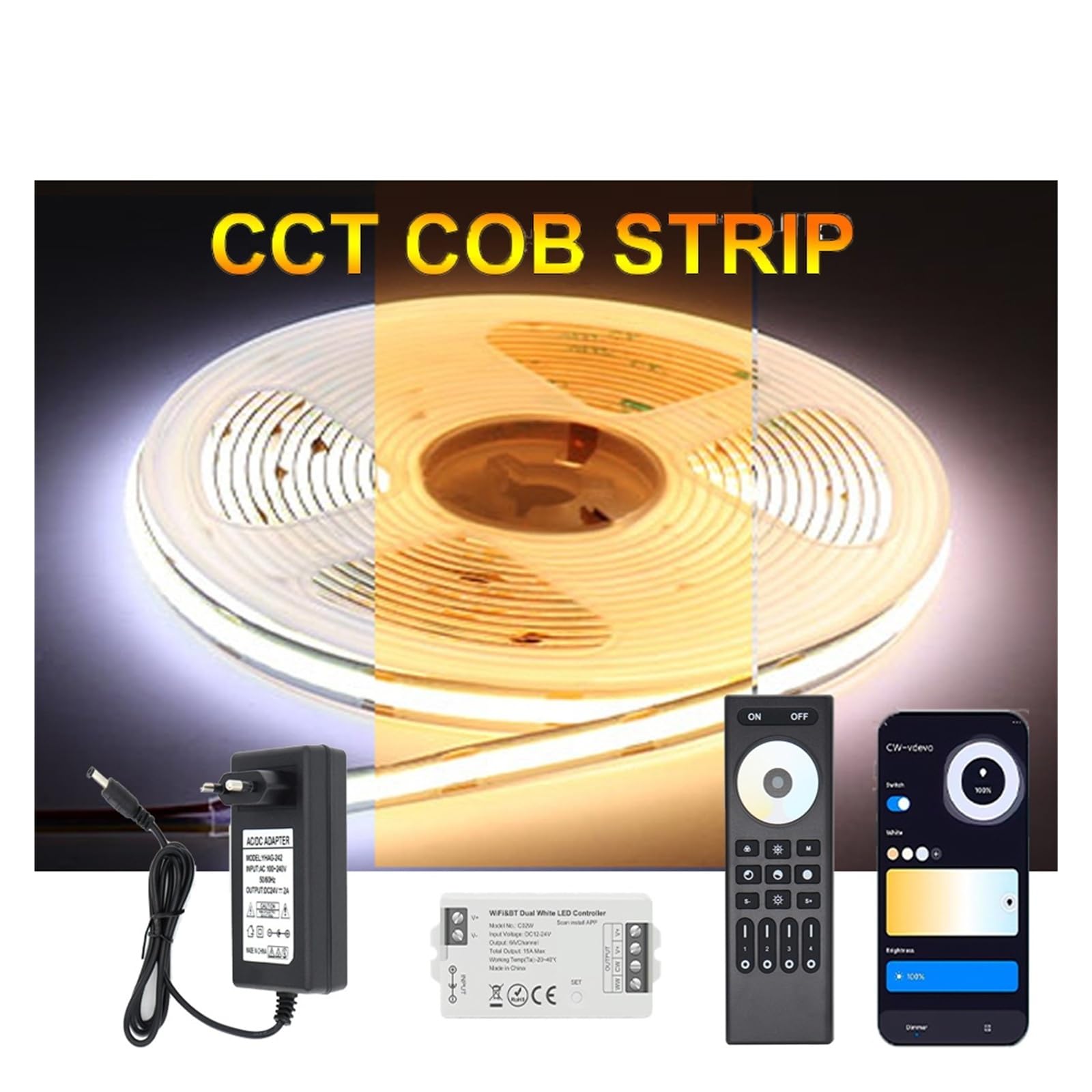 Tira de luz LED COB regulable CCT de 1-10M 5mm 10mm de ancho 2700K-6500K cinta lineal blanca sintonizable con controlador inteligente(24V,10MM WIFI KIT_2M)