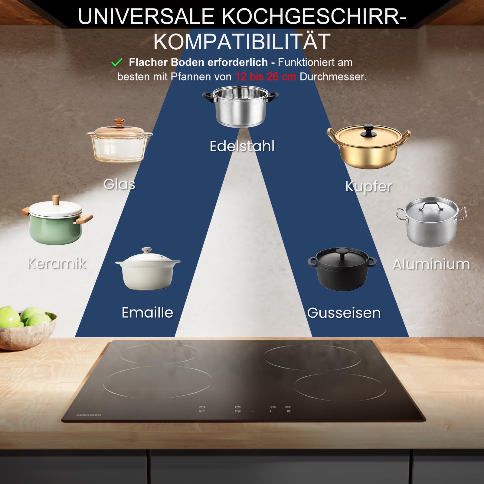 Glaskeramikkochfeld 4 Platten Einbau mit Abriebfeste Glaskeramik | Kochplatte, 2 Jahre Garantie, 59cm, 6000W Touch, 9 Leistungsstufen, Timer 1-99 Min, Kindersicherung, für alle Töpfe