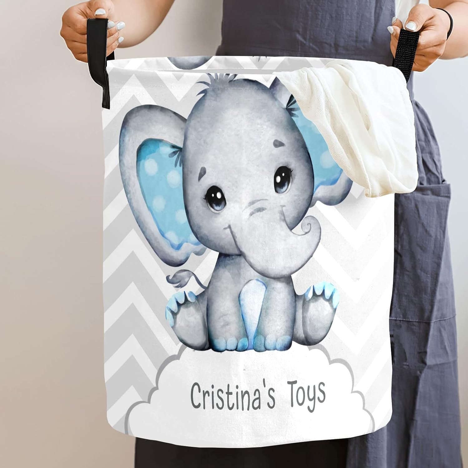 Personalized Laundry Basket, Elephant Custom Storage Bins Laundry Hamper with Name Collapsible Toys Organizer