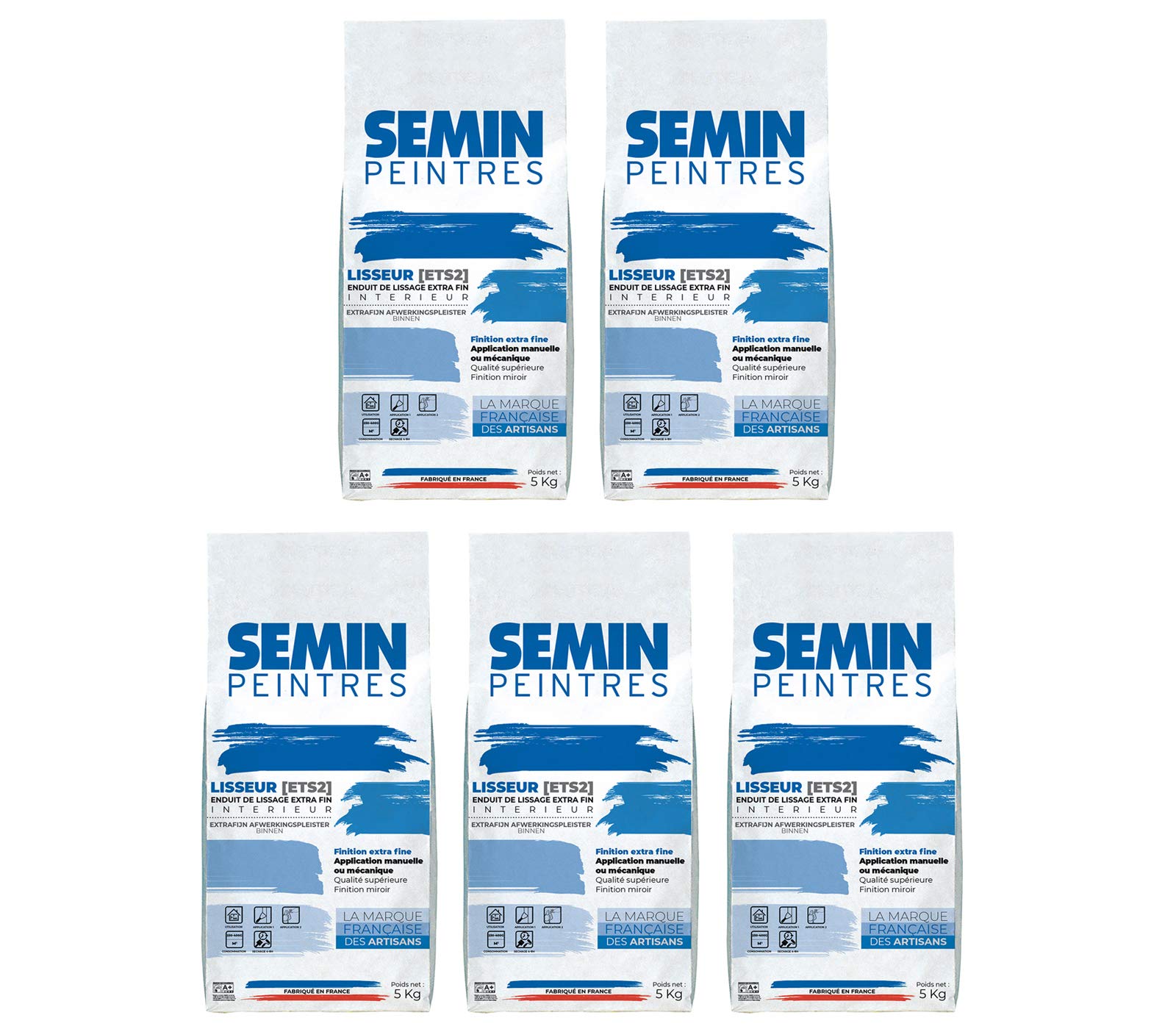 SEMIN LISSEUR Enduit de Lissage Extra Fin en Poudre 5 kg – Finition Murs et Plafonds Intérieur – Avant Peinture et Papier Peint - Fabriqué en France -Lot de 5