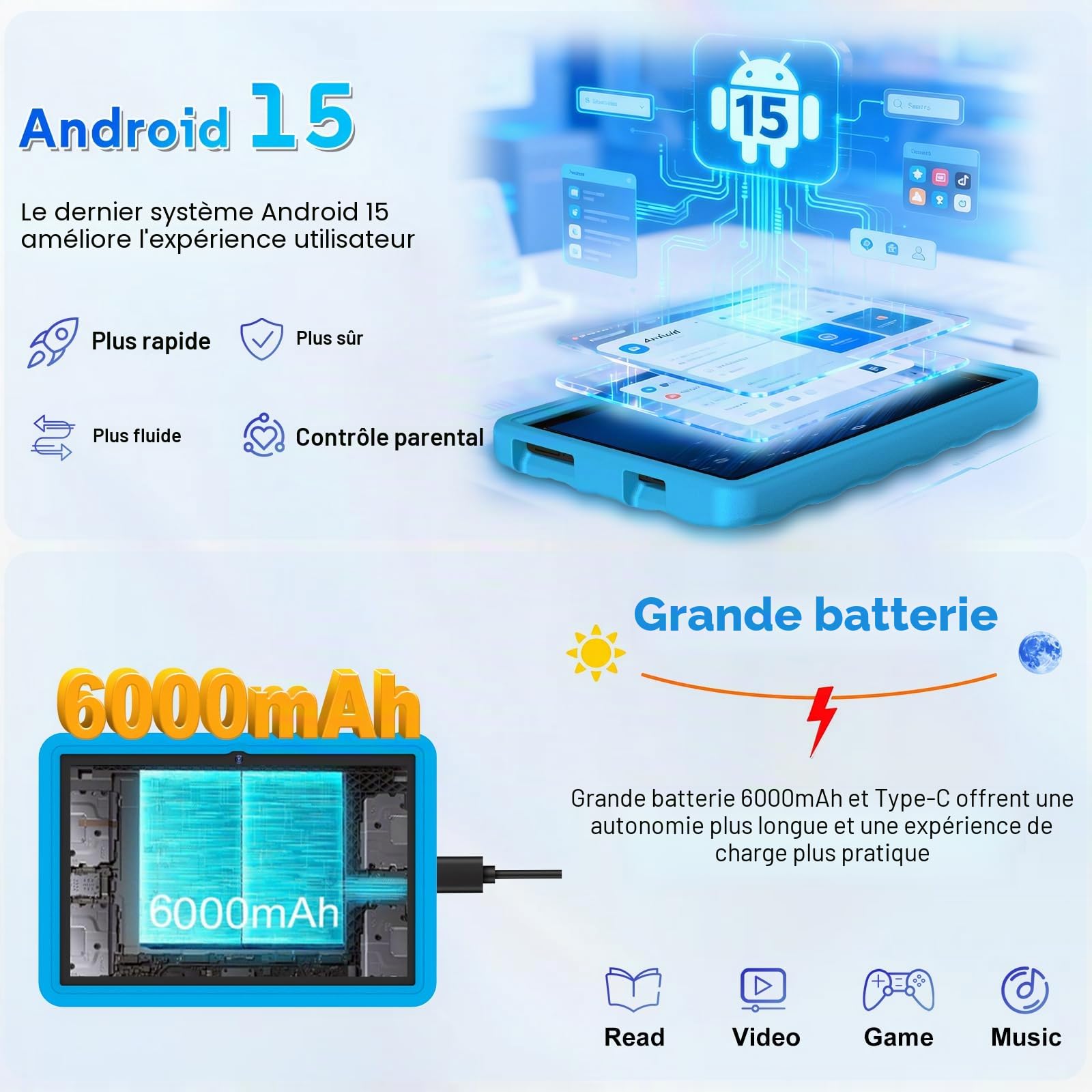 DMOAO Tablette Enfants 10 Pouces Android 15 avec 30Go RAM (TF 2To), 5G WI-FI 6, Widevine L1, Contrôle Parental, 8-Core, Tablette Tactile avec Coque Antichoc EVA + Support Rotatif à 360°,Bleu