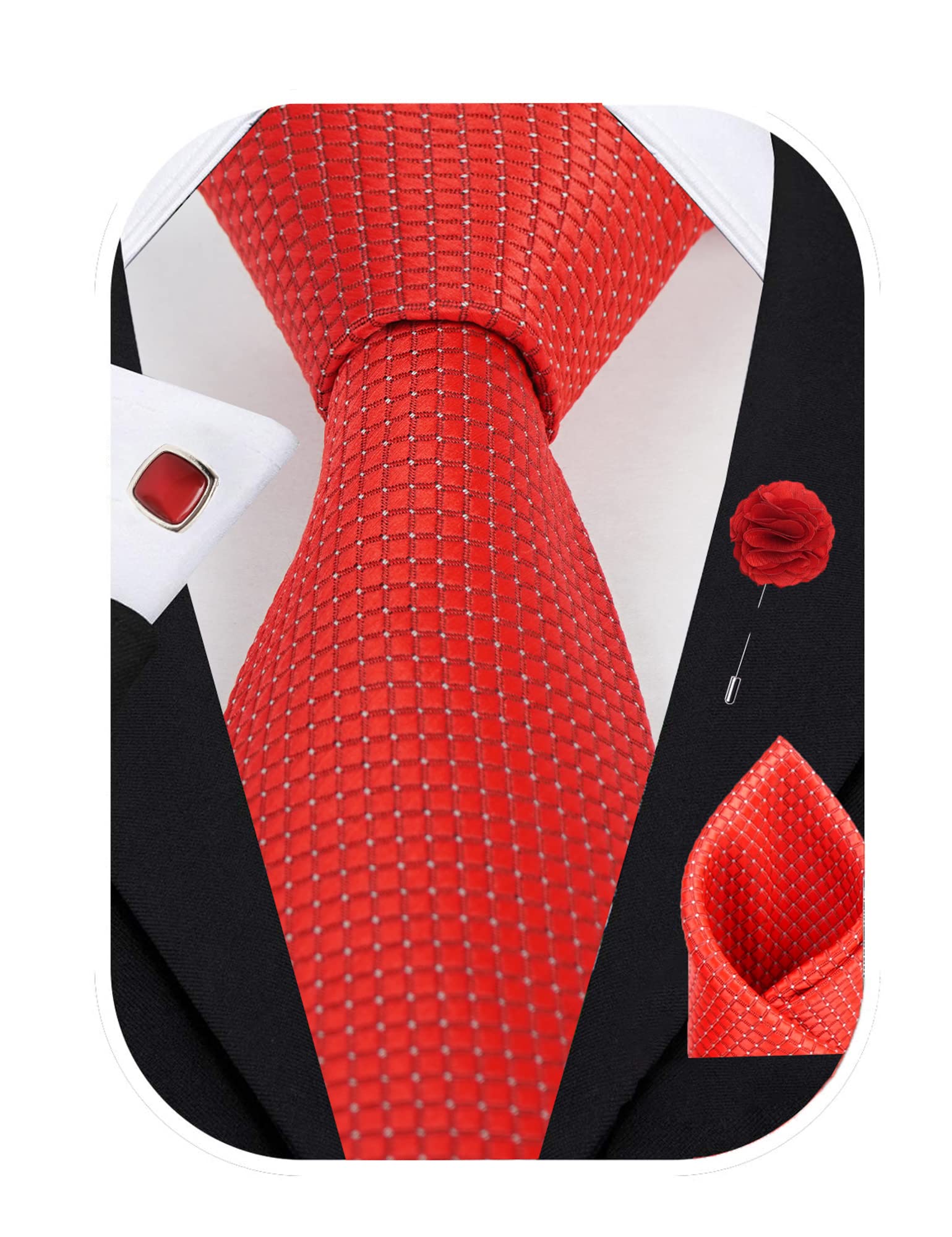 RIZORO Tie for Men – Dotted Silk Neck Ties Set with Cufflinks Flower Pin, Pocket Square & Black Gift Box, Combo Necktie Sets for Office Wear, Formal Suits & Weddings (Red, A10RDRX) 1