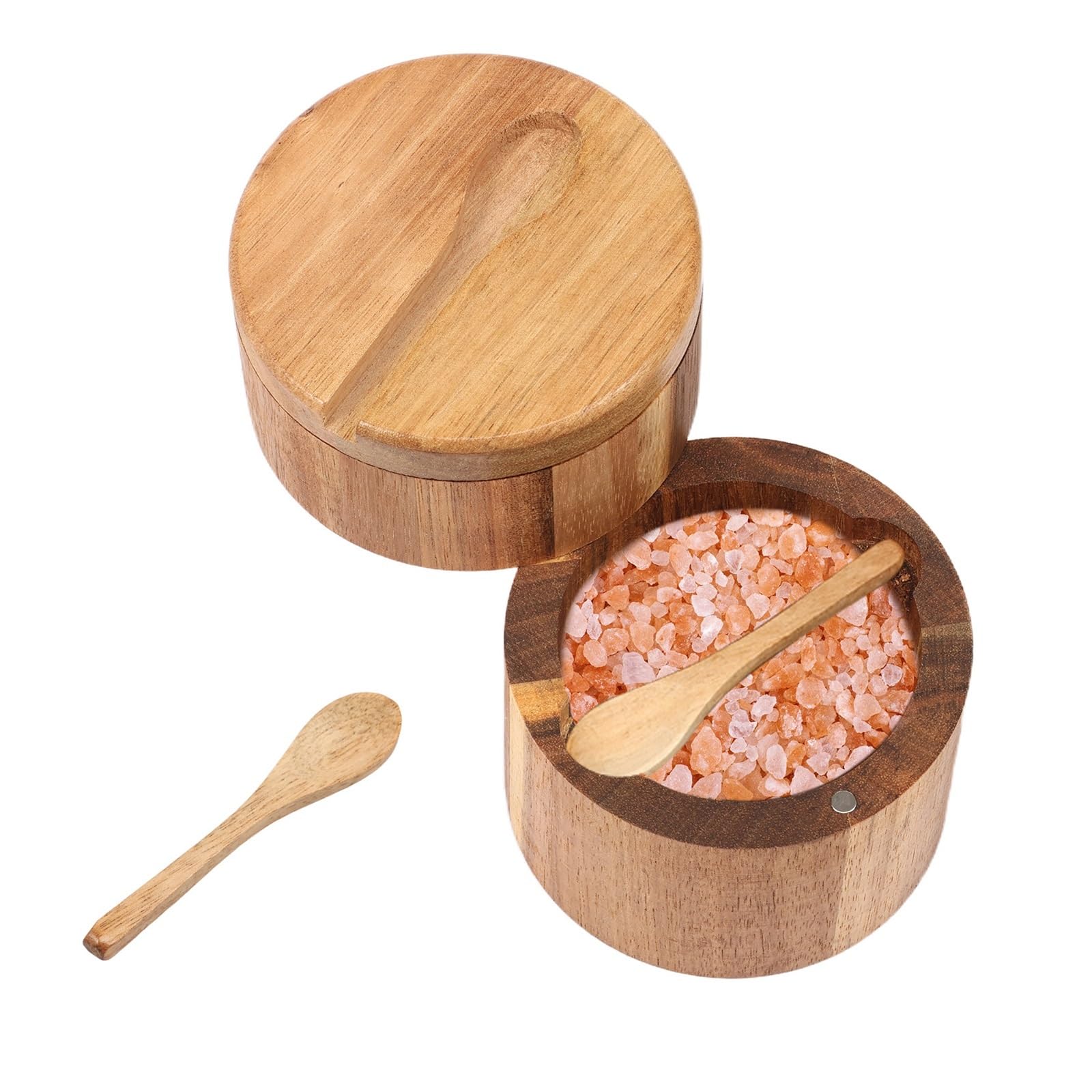 Luoaxinn 1Pc Wooden Salt Cellar 2 Layer Acacia Wood Salt And Pepper Bowl Box With Lid And Spoon Cellar Jar Spice Seasoning Container Kitchen Tool