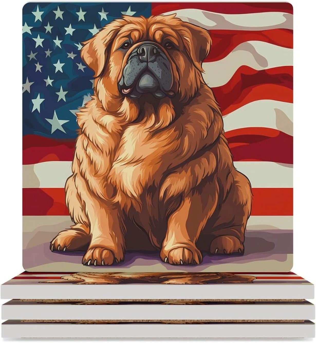 Tibetan Mastiff USA Flag Ceramic Coasters Square Drinks Coaster Coffee Table Decor Table Coaster for Home Bar