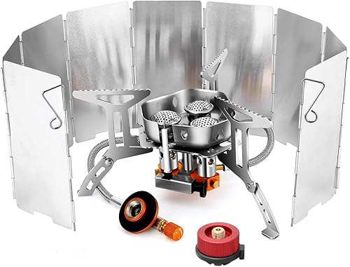 Estufa de camping de 3 núcleos con parabrisas plegable, adaptador de recipiente de combustible y estuche de almacenamiento, juego de estufa de