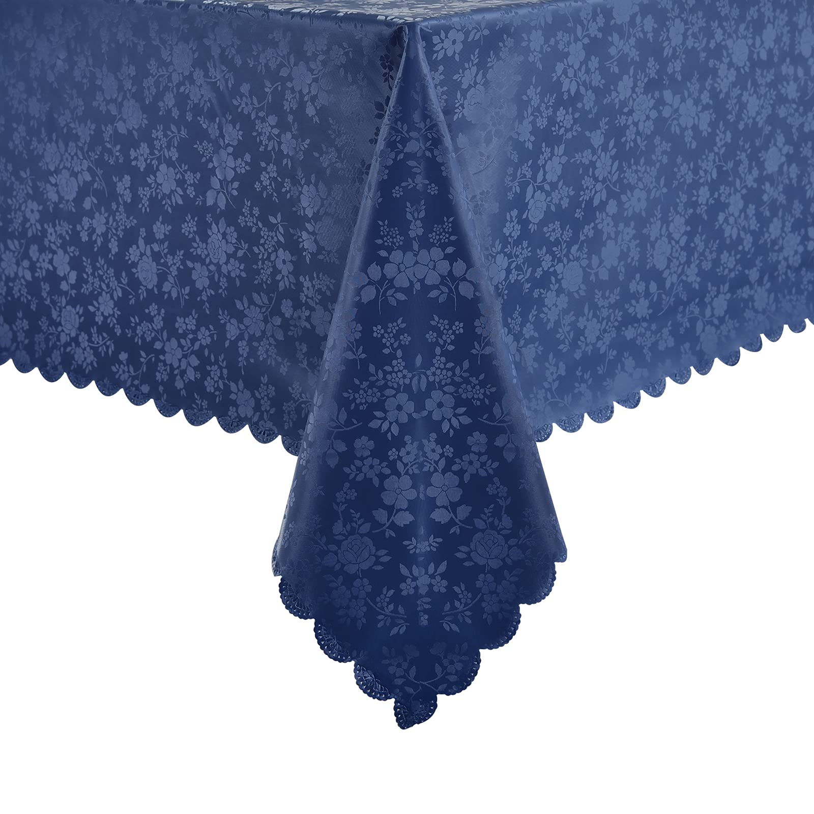 Romanstile Rectangle Vinyl Tablecloth,100% Waterproof Heavy Duty Oil Spill Proof Stain Resistant Plastic PU Table Cover with Flannel Backing for Kitchen, Dining (Rose Navy Blue, 60 x 84)