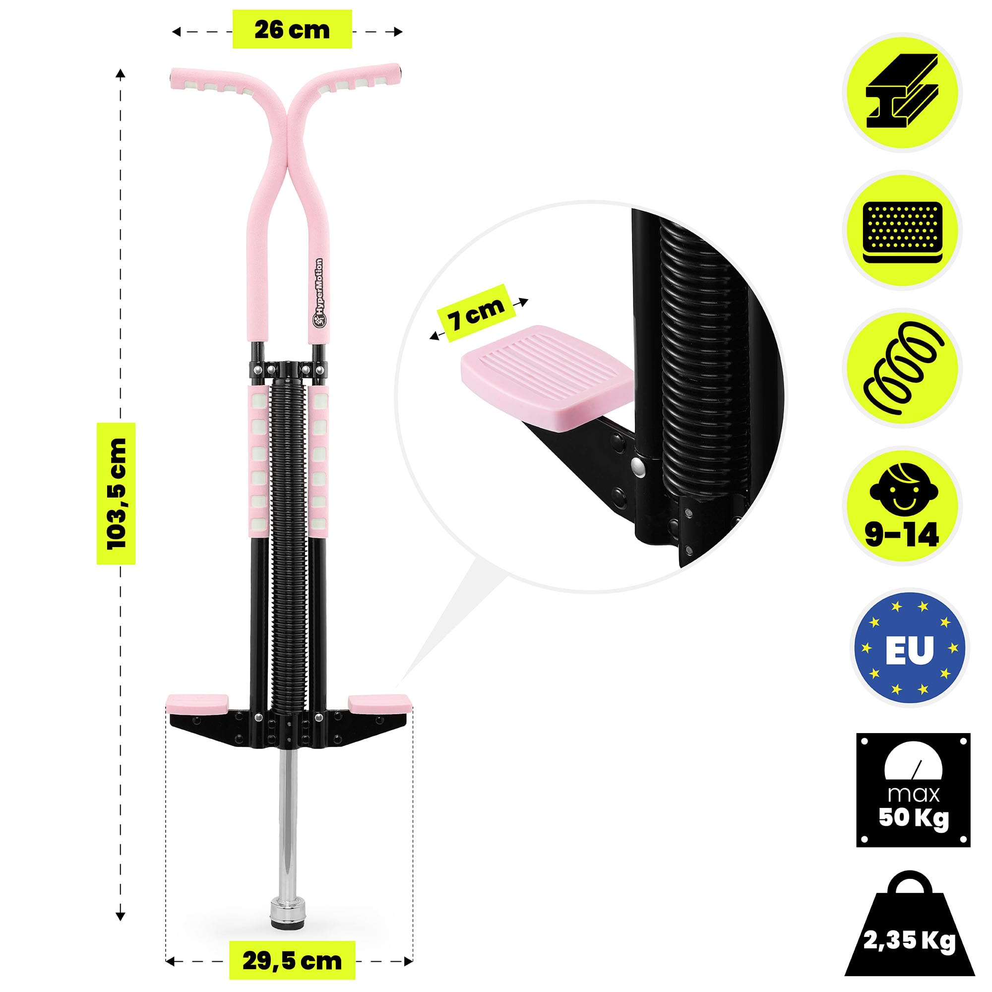 HyperMotion Skoczek POGO dla Dzieci 9–14 Lat, Urządzenie Treningowe do 50 kg, 2,35 kg, System Sprężynowy, Kolor Różowy